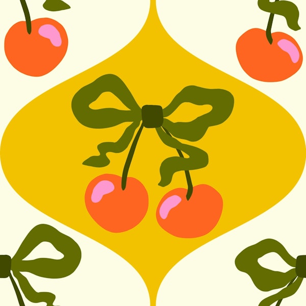 Coquette Cherries and Bows on Yellow Ogee