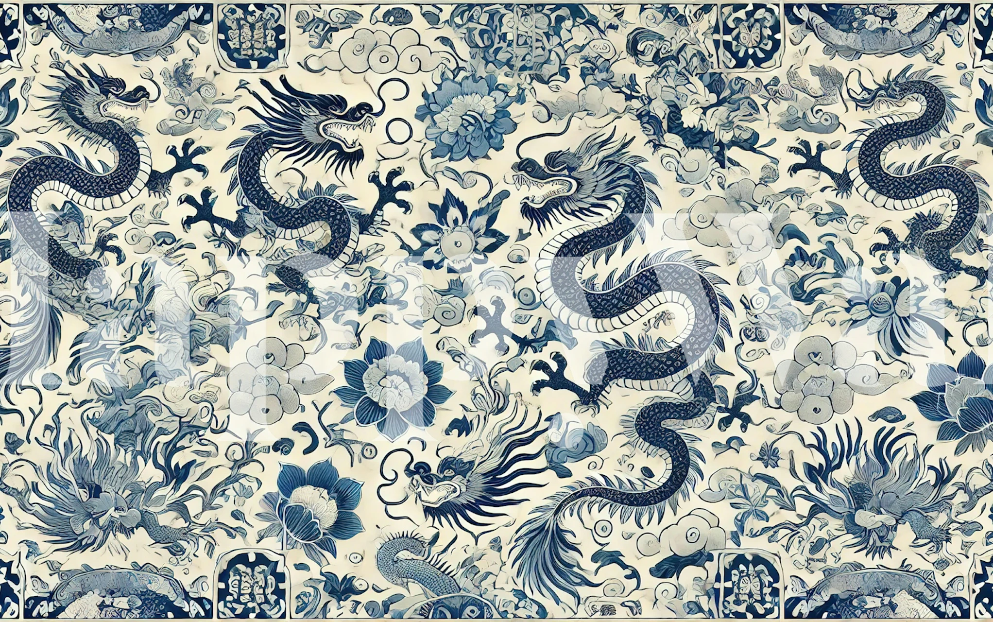 Design de papier peint Oriental Blue Tile affiché dans une pièce