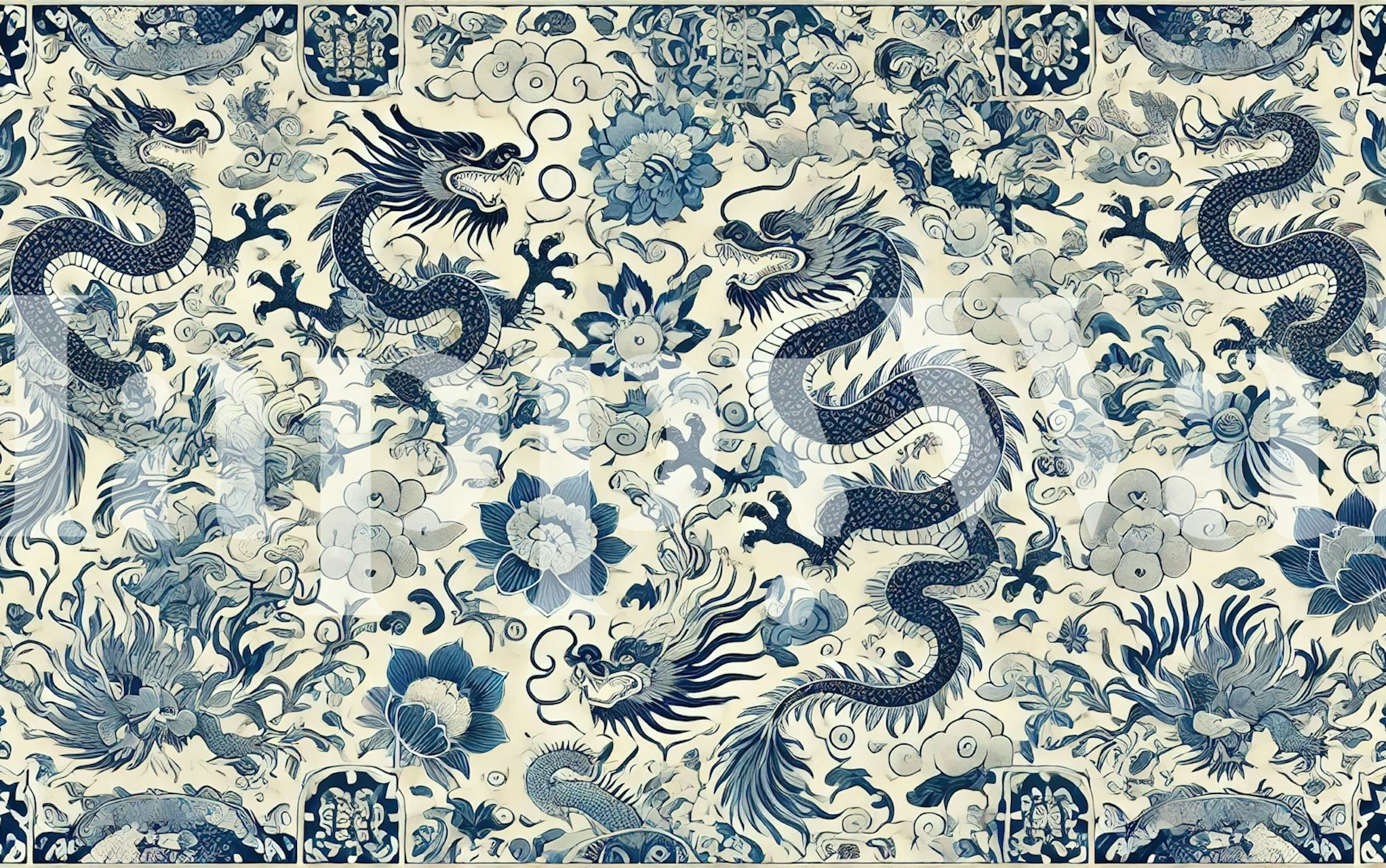 Wzór tapety Oriental Blue Tile zaprezentowany w pokoju