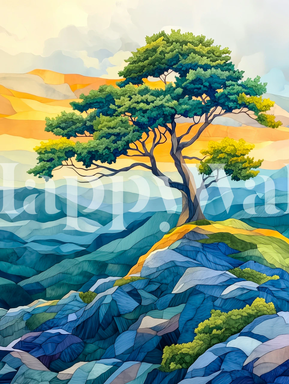 Colorful tree landscape with vibrant hues and hills wallpaper