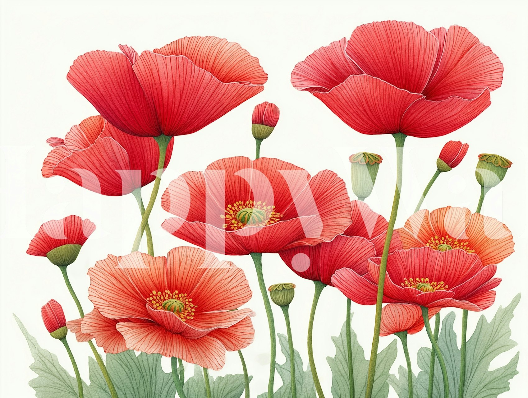 Red poppy flowers wallpaper in a room
