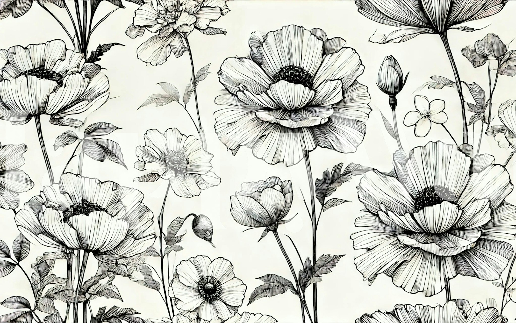 Black and white floral wallpaper with large blooms and leaves