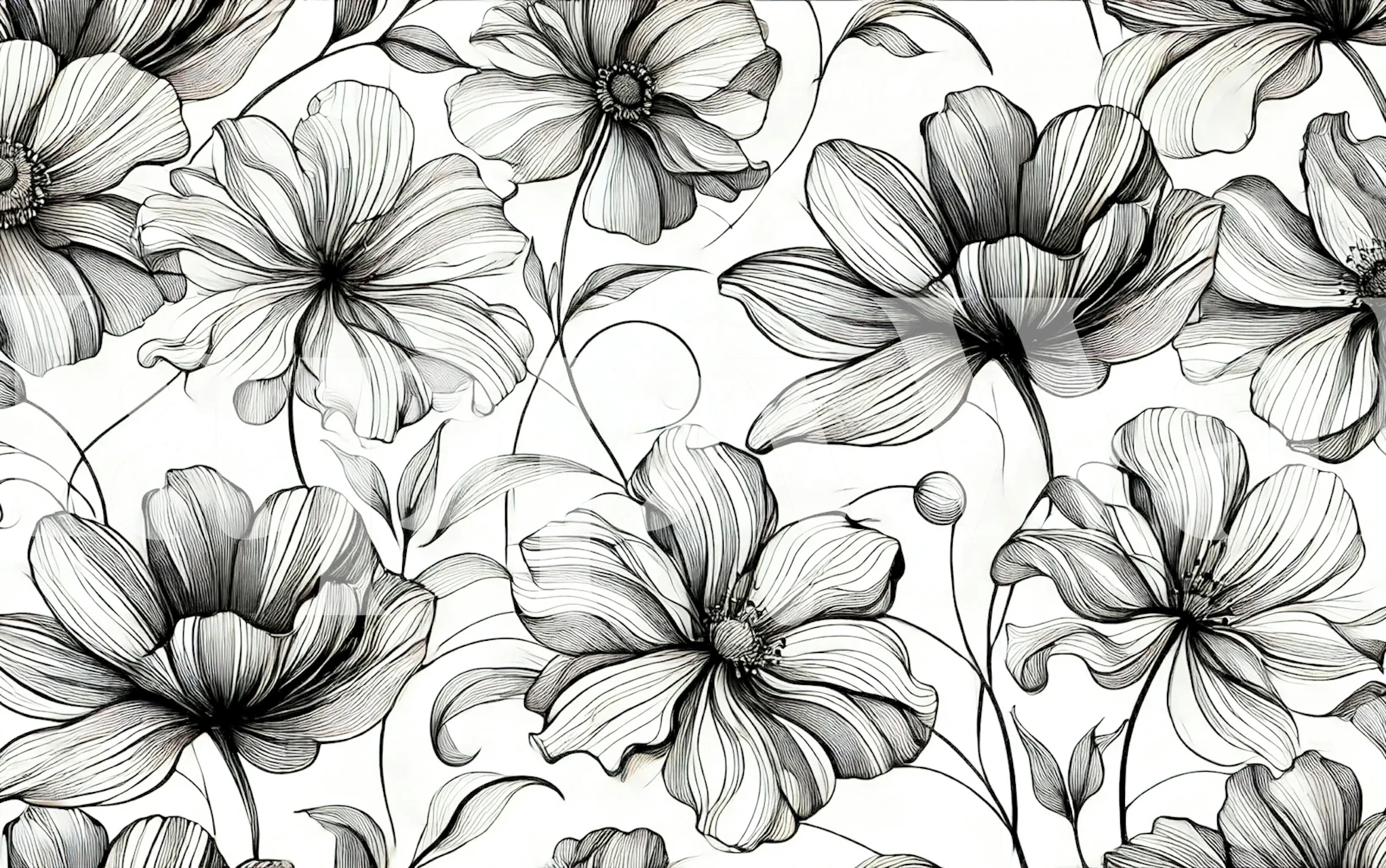 Papel de parede floral Ink Blossom Harmony em um quarto