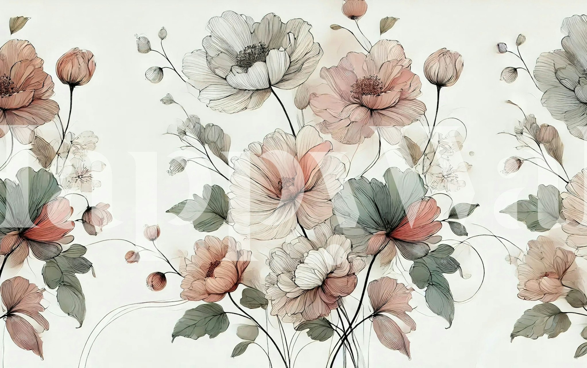 Pastel floral wallpaper with large blossoms and delicate leaves