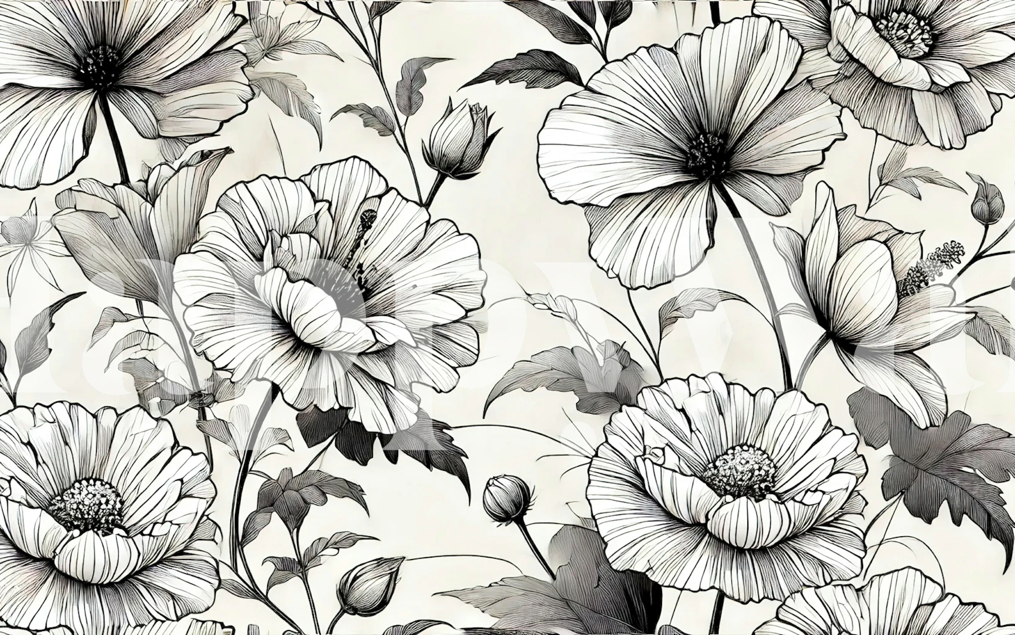 Black and white floral design wallpaper with large flowers and leaves