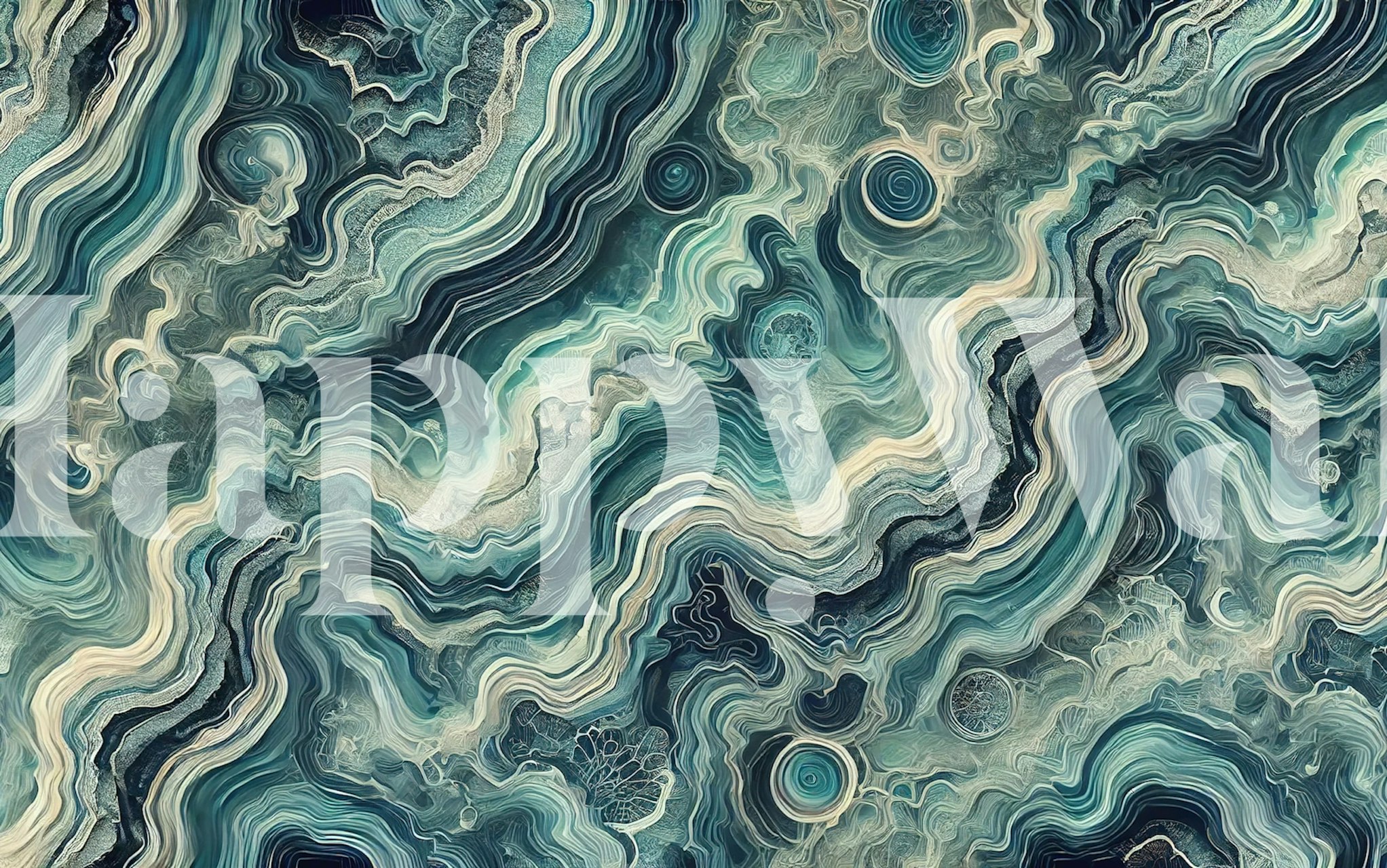 Teal swirls and waves with cream accents wallpaper