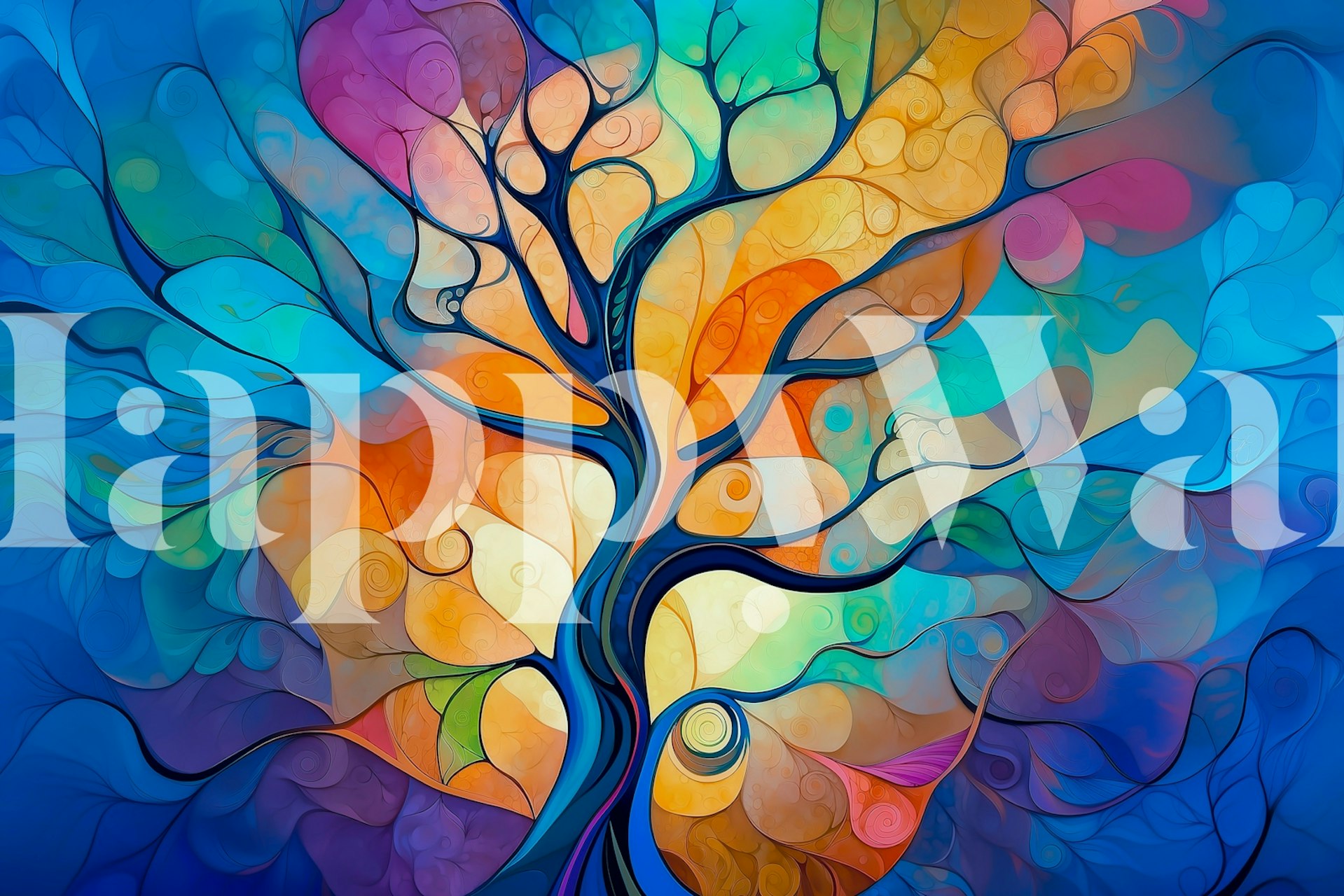 Colorful abstract tree design with vibrant swirls and curves wallpaper