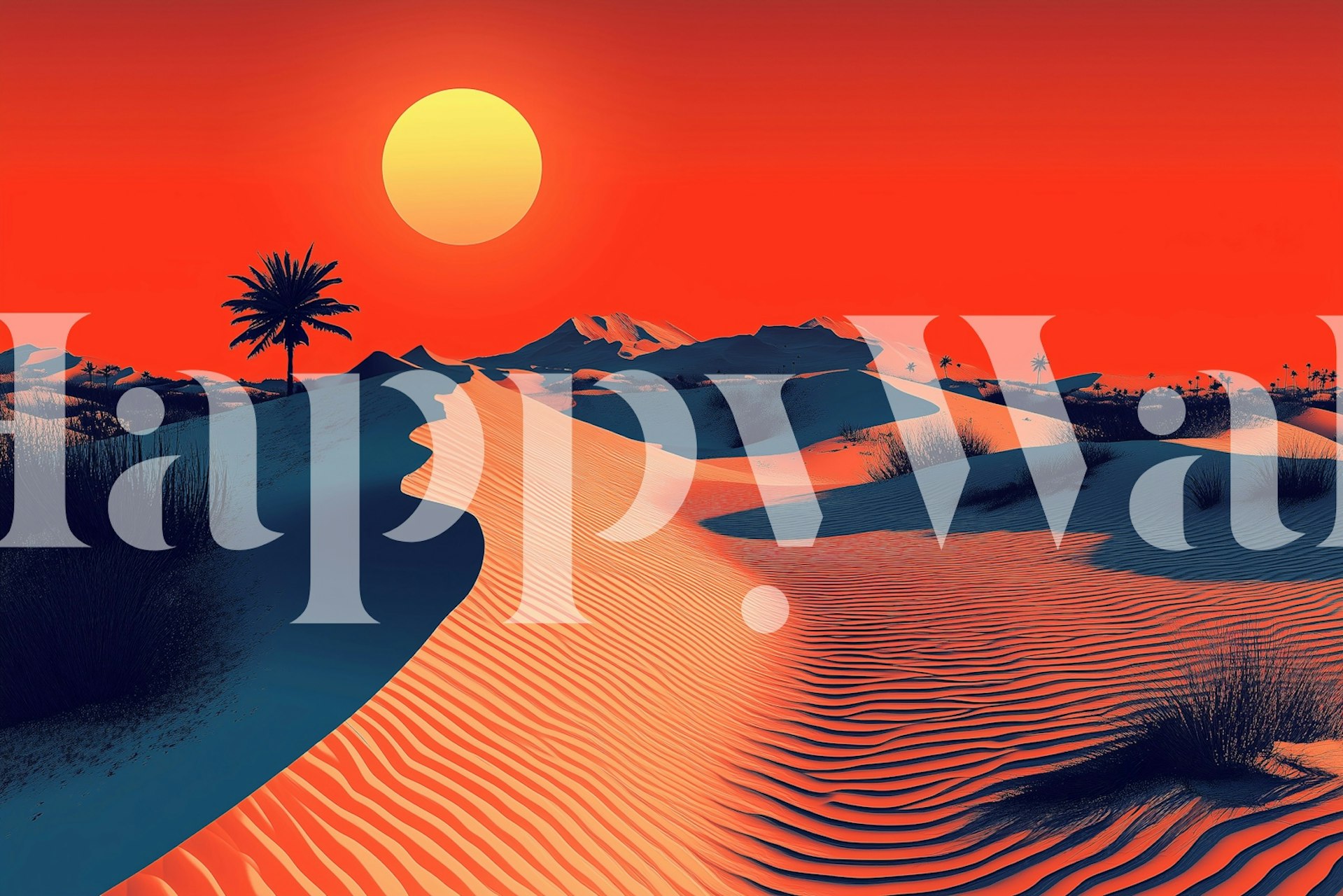 Sunset over desert dunes wallpaper in a room