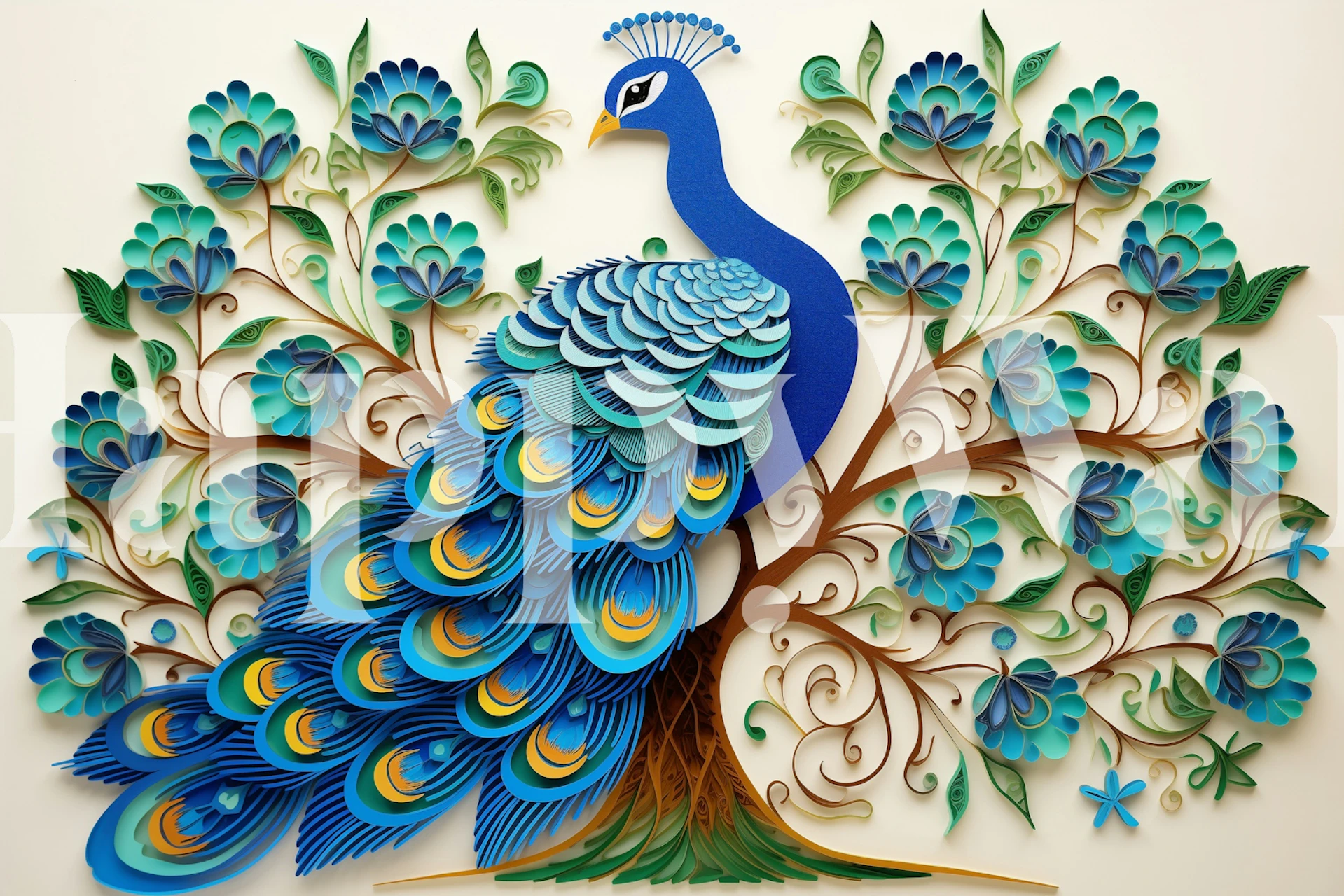Blue peacock surrounded by teal flowers and leaves wallpaper
