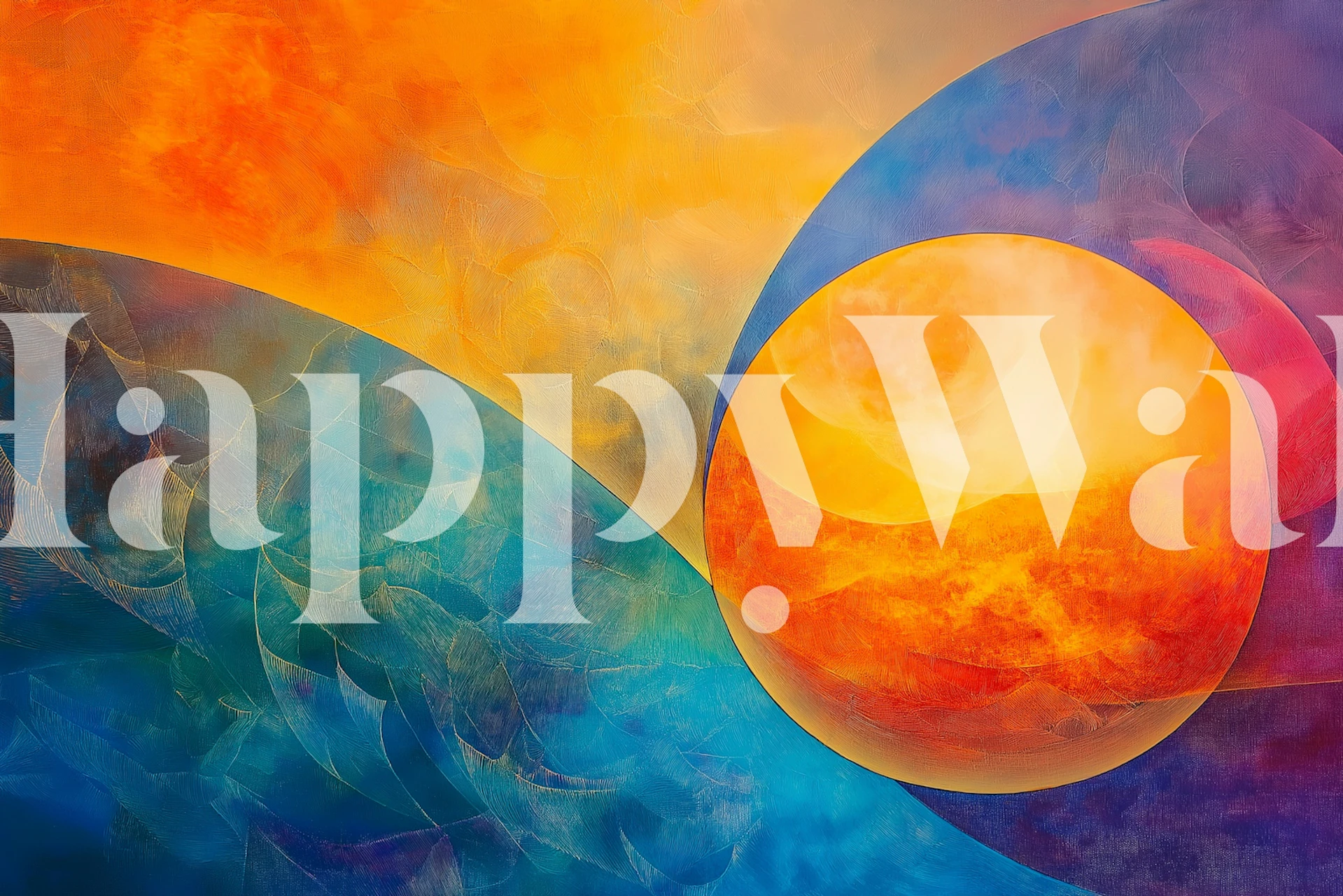 Vibrant solar canvas wallpaper in living room