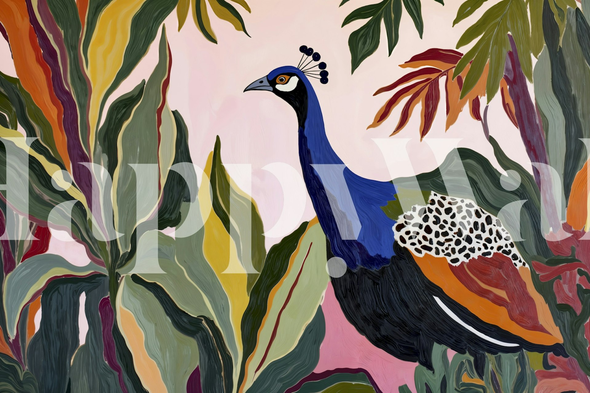 Colorful peacock with tropical foliage in green, yellow, and blue wallpaper