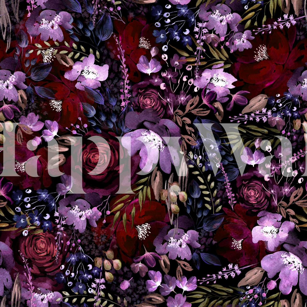 Floral pattern in purple and red hues with dark background wallpaper