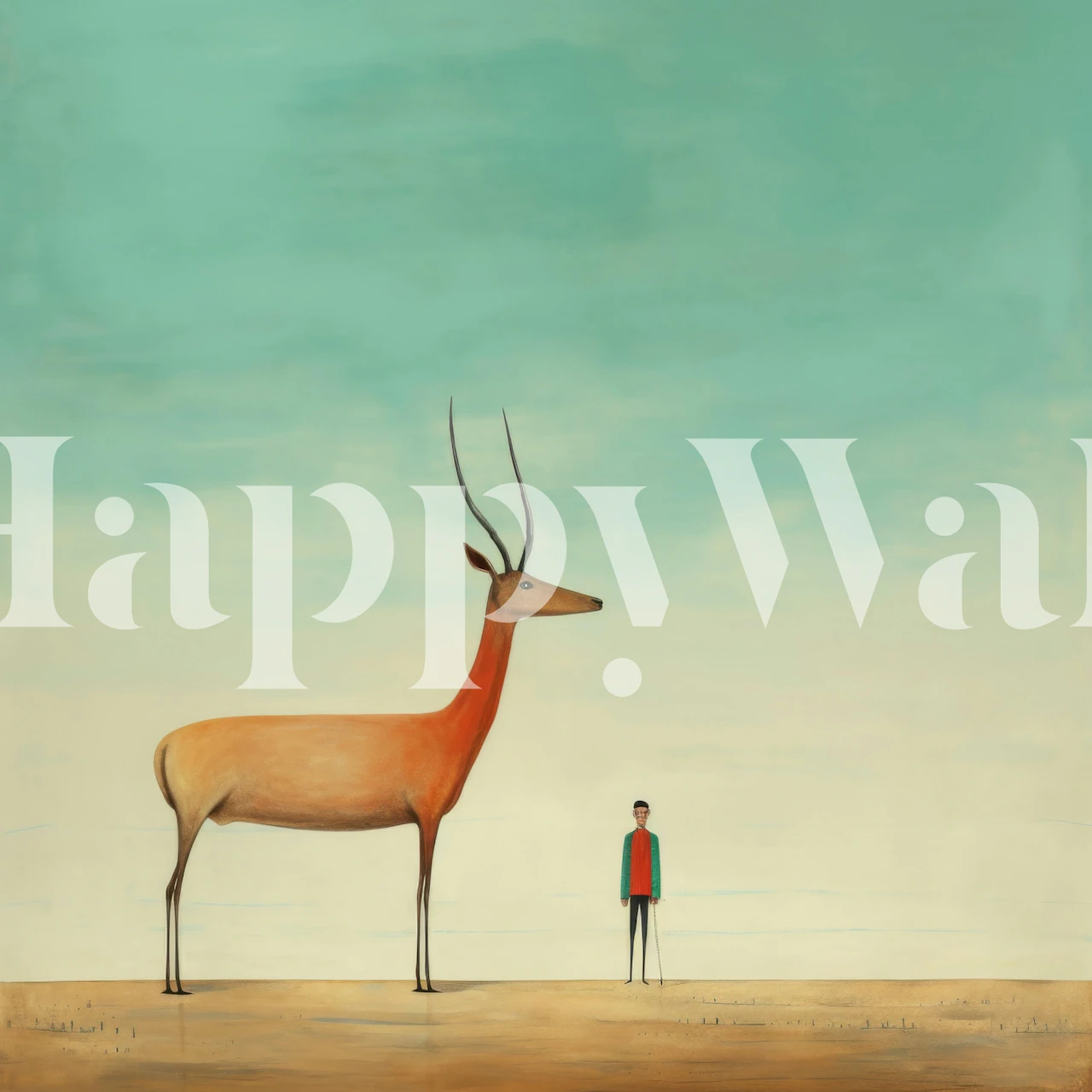 Minimal Antelope Journey featuring soft blue sky and silhouette of deer and person. Art wallpaper.