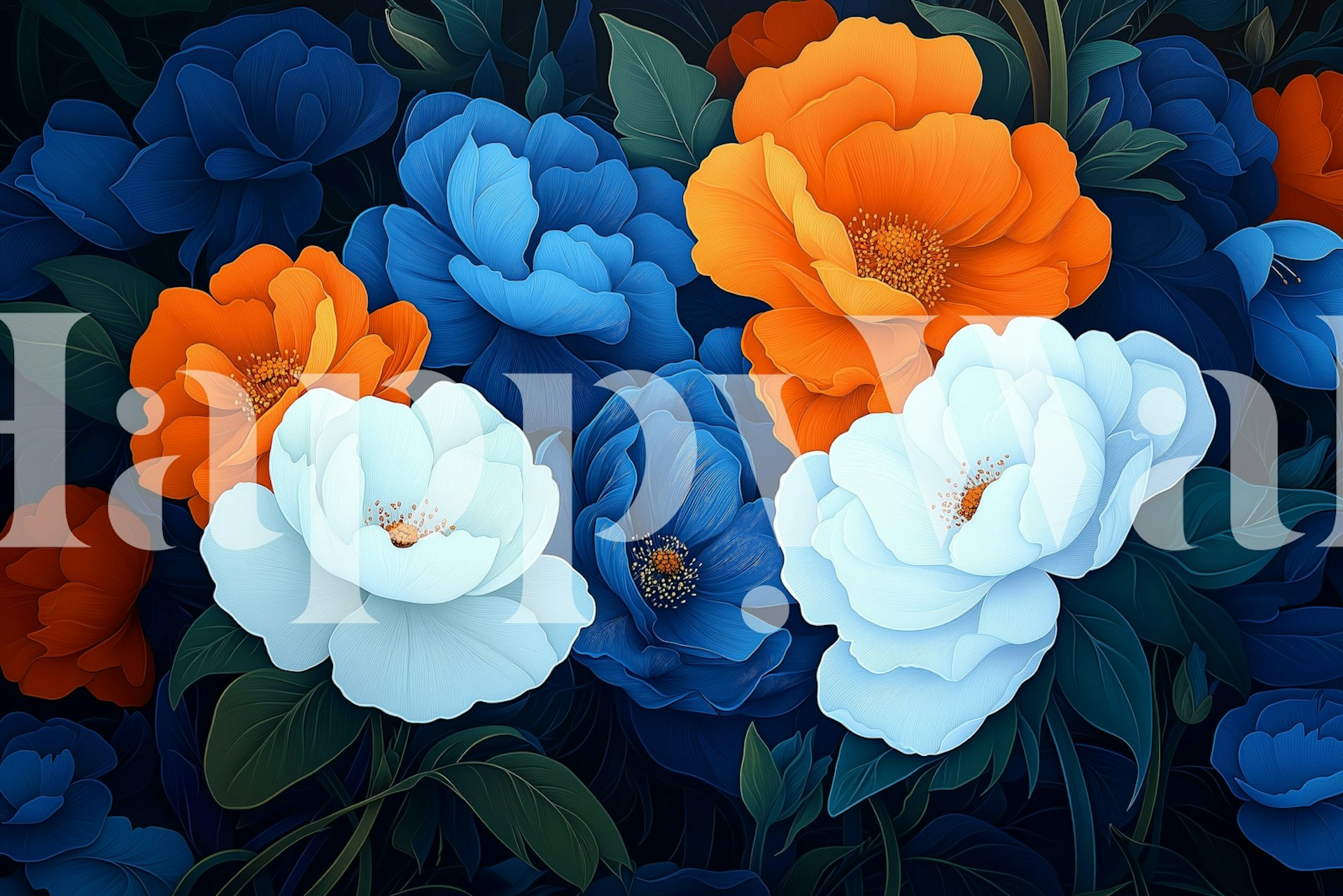 Colorful floral wall mural with blue and orange flowers