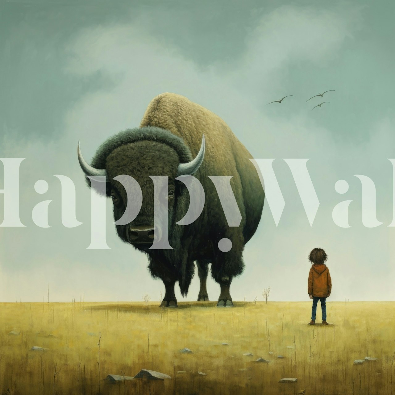 A bison facing a child on a grassland, illustrated wallpaper
