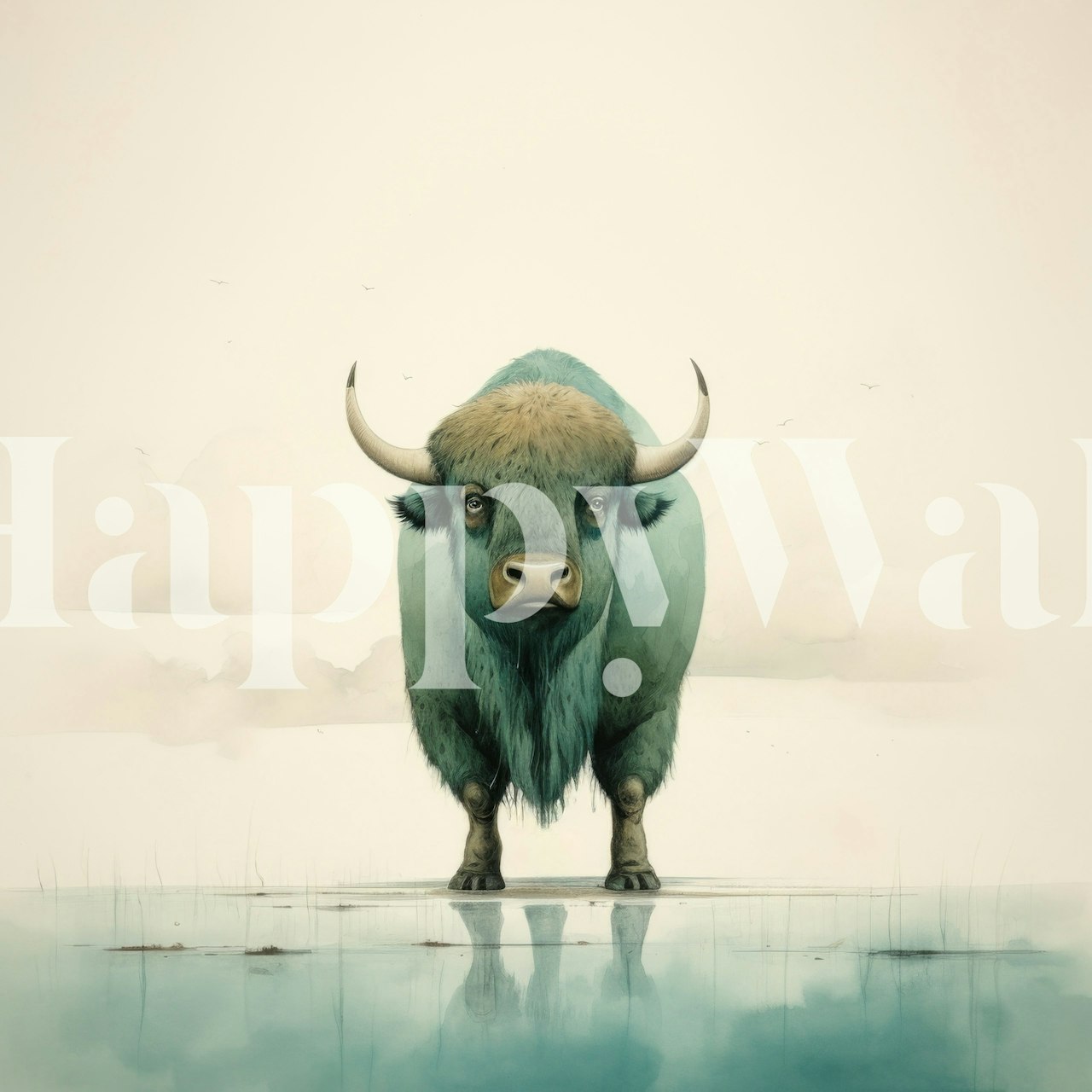 Buffalo standing in calm blue tones and soft background watercolor style wallpaper