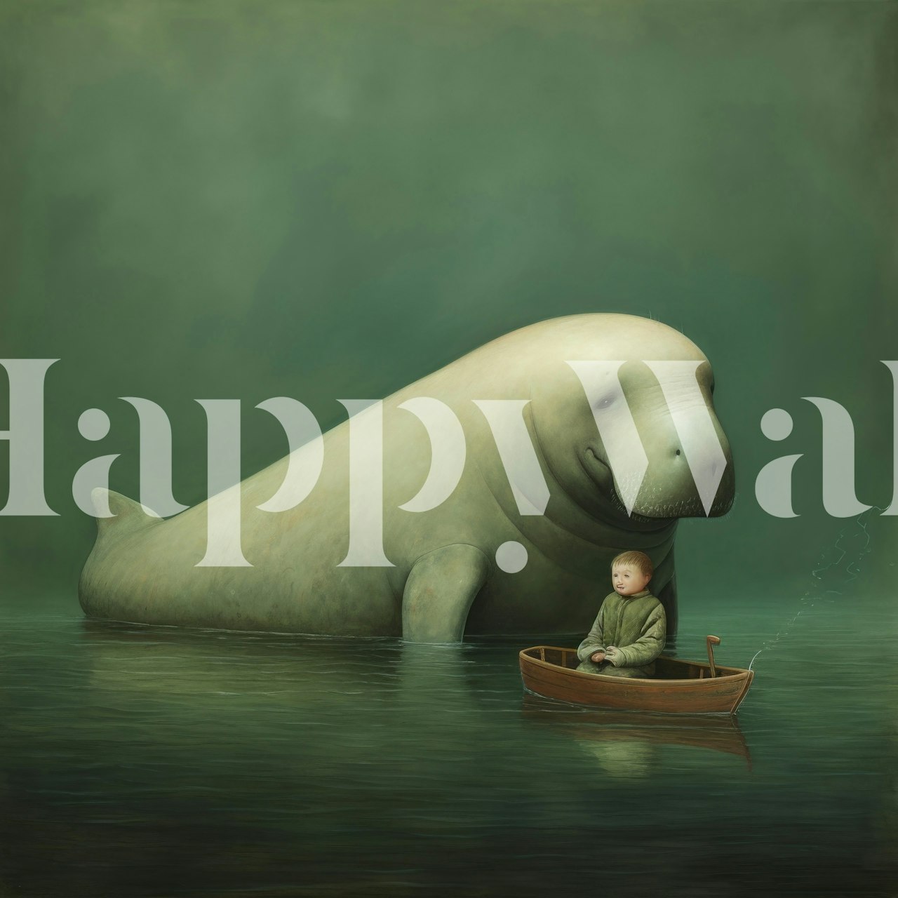 Dugong and child in a boat, green underwater wallpaper
