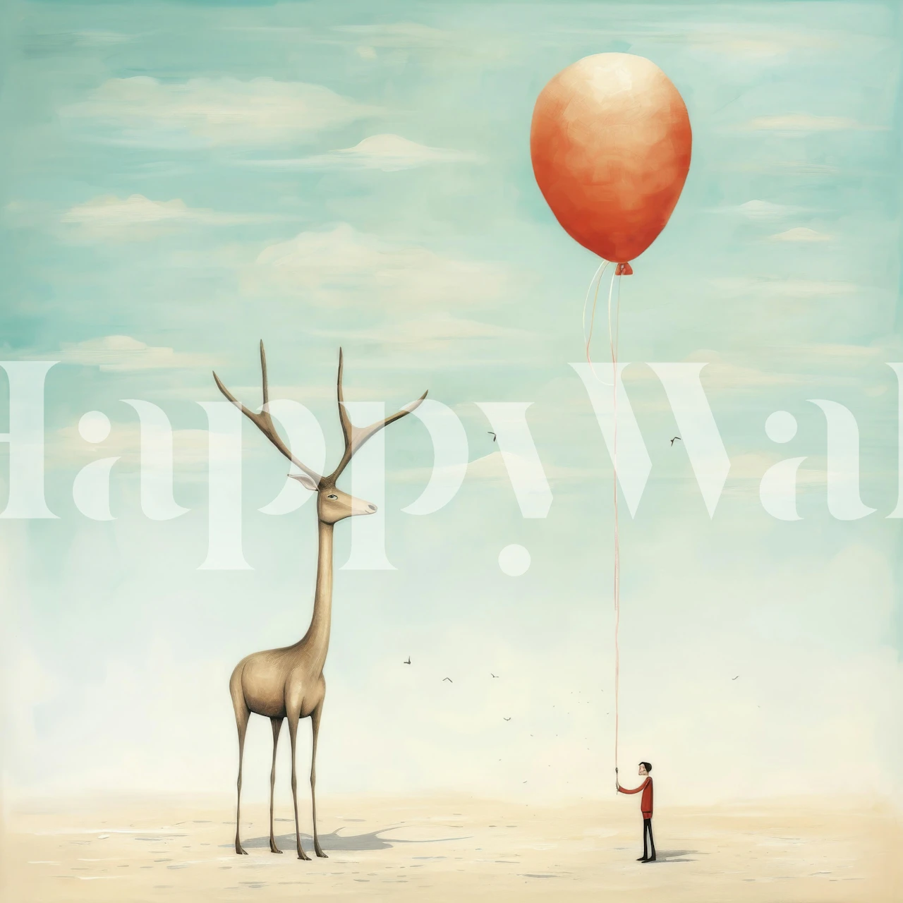 A minimal gazelle holding a red balloon against a soft blue background wallpaper