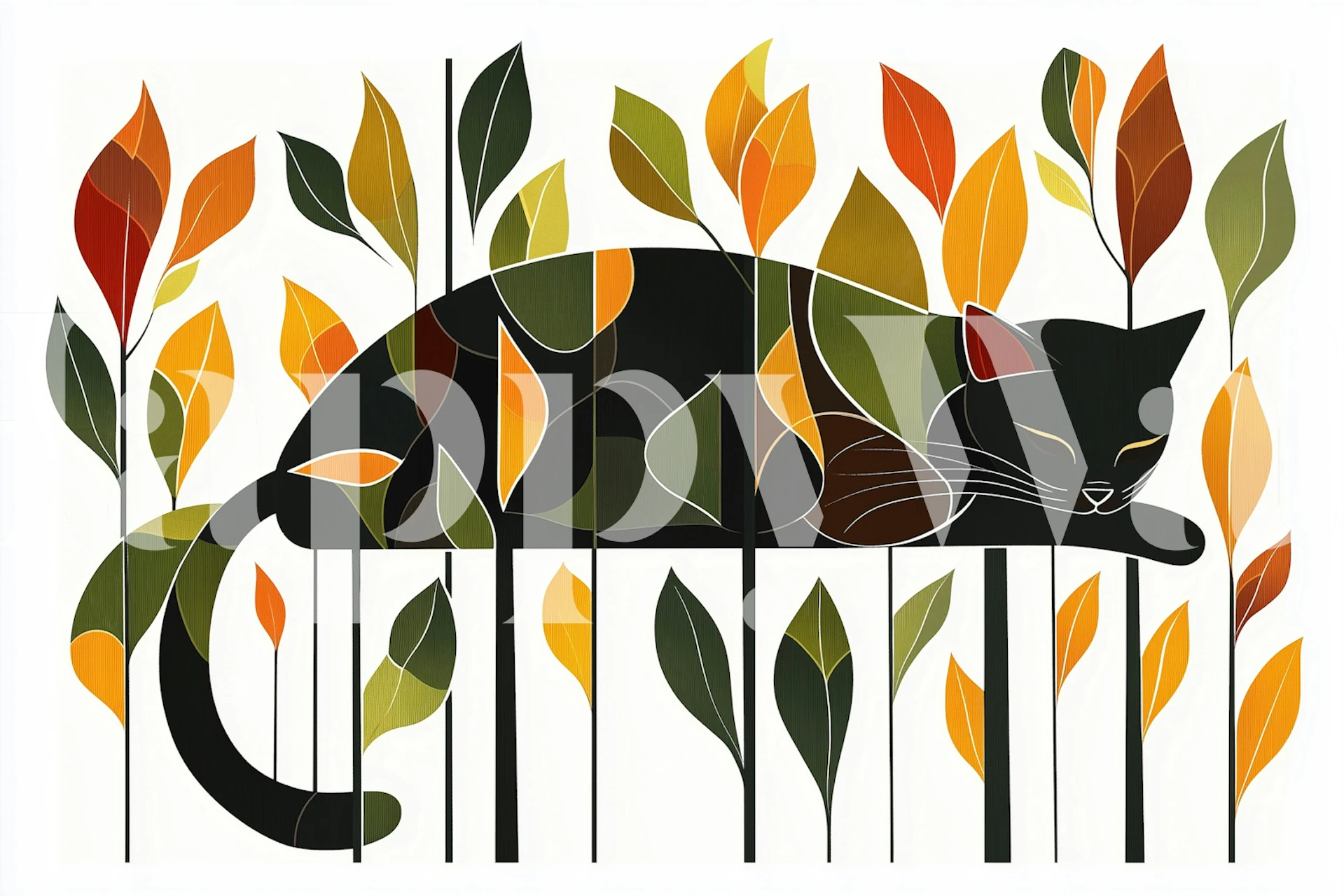 Colorful Leafy Cat Dream wallpaper in a room