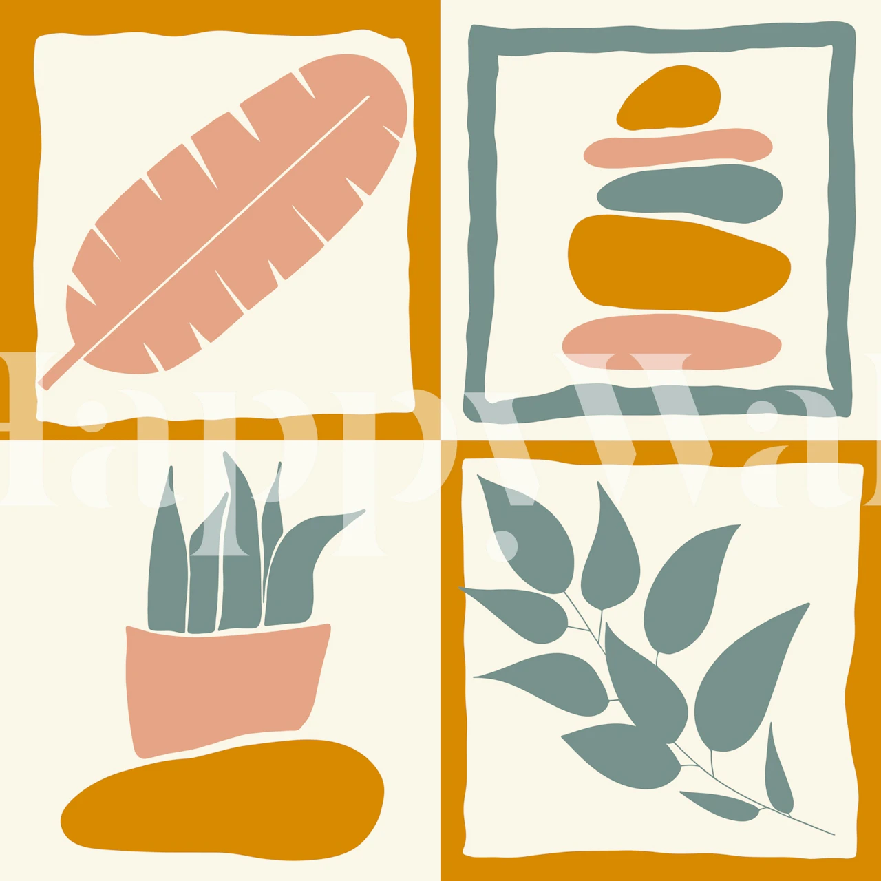 Abstract leaf and shape pattern in soft greens and peach tones on cream wallpaper