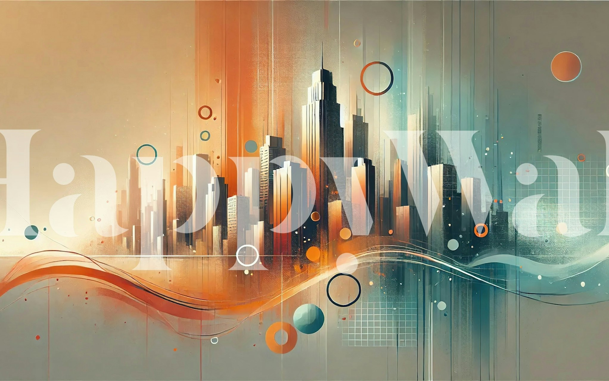 Abstract city skyline with orange and teal accents wallpaper