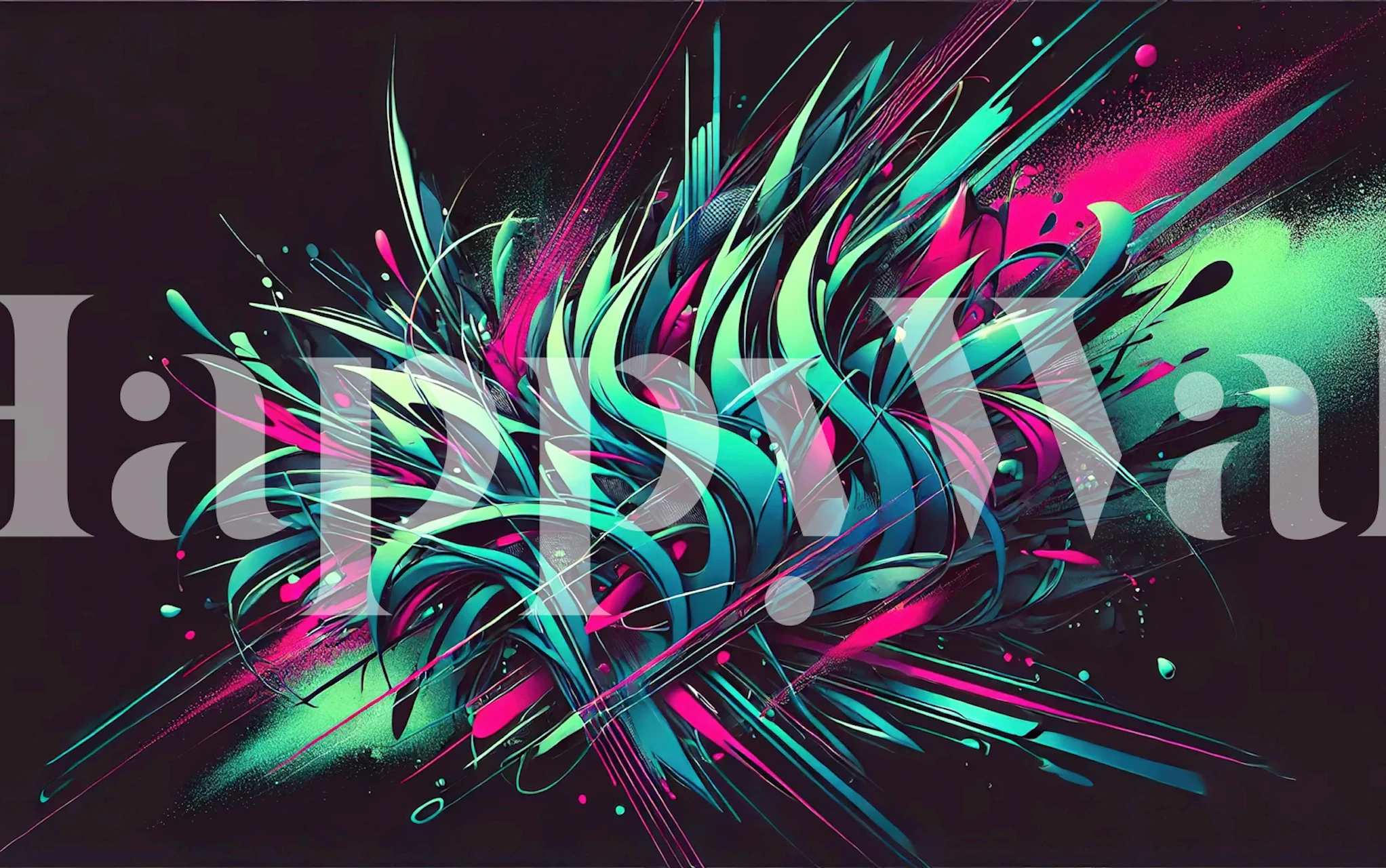 Colorful abstract graffiti wallpaper in neon teal and pink on a dark background