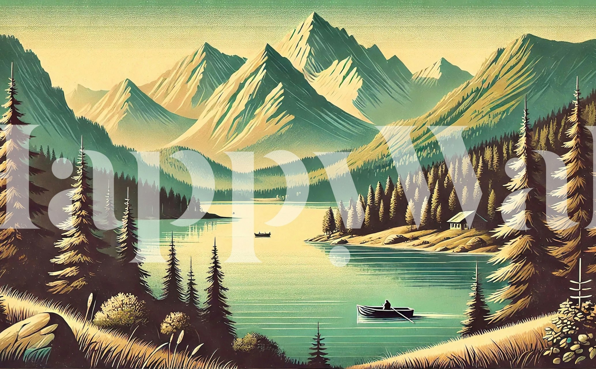 Vintage mountain scene with lake, evergreen trees, blue and green tones wallpaper