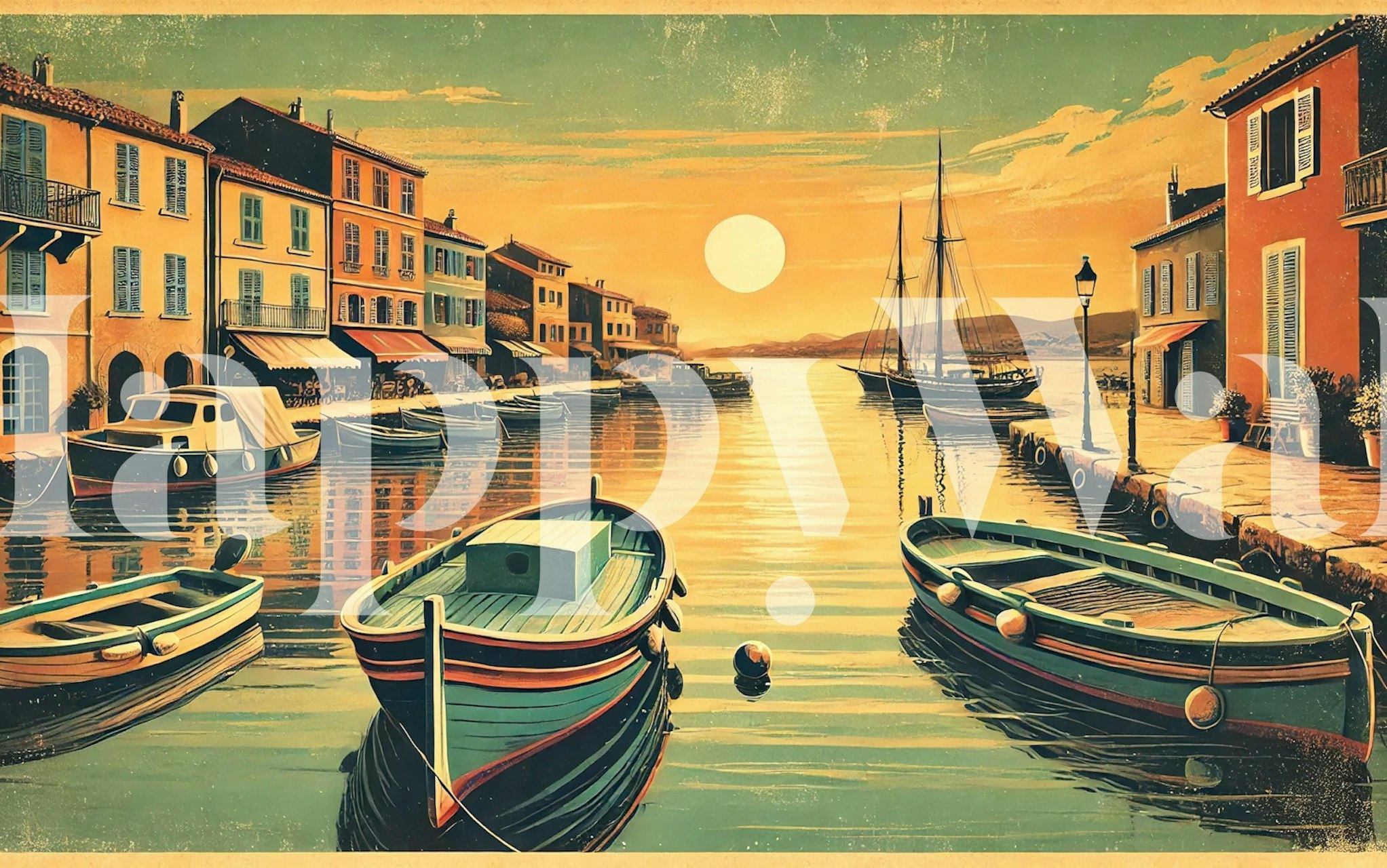 Vintage Harbor Sunset Poster ταπετσαρία σε ένα δωμάτιο