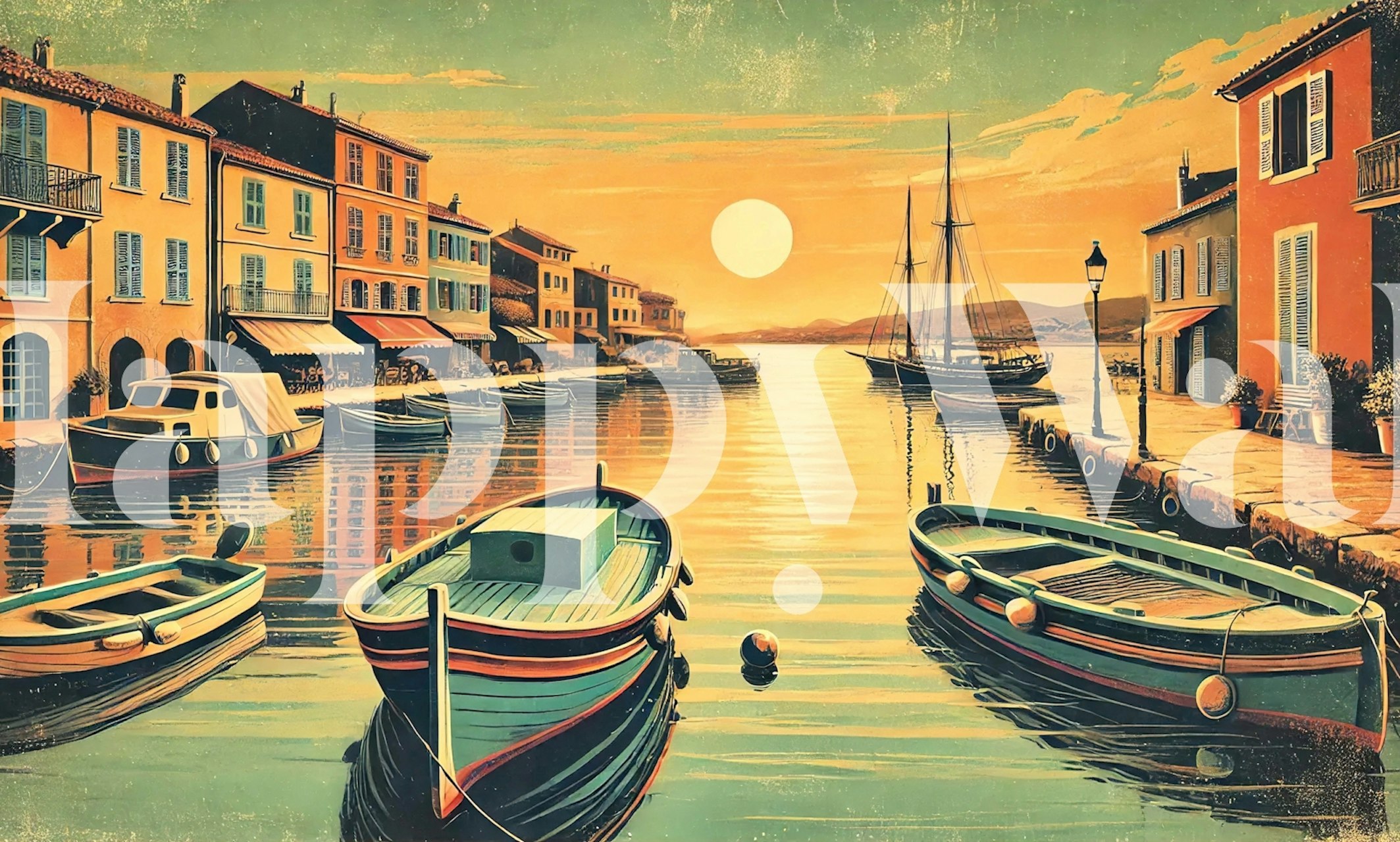 Boats in a harbor at sunset, warm oranges and yellows, vintage style wallpaper