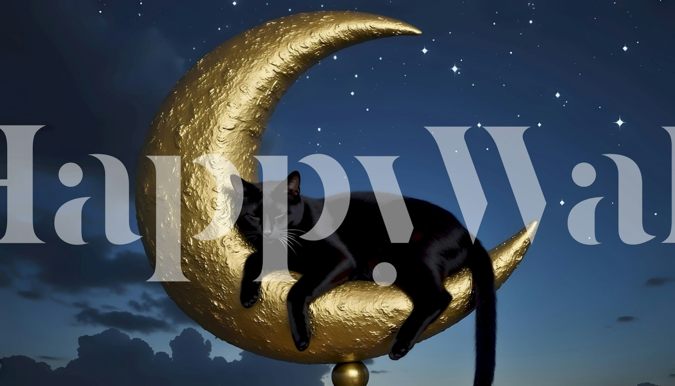 Black cat lounging on a gold crescent moon with stars wallpaper