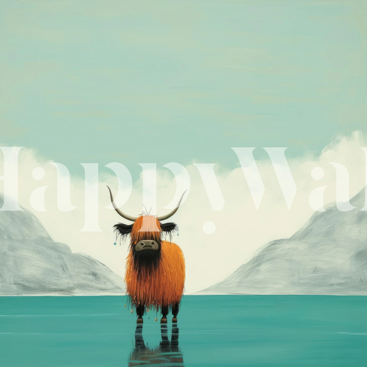Minimal yak in tranquil blue lake with mountains wallpaper