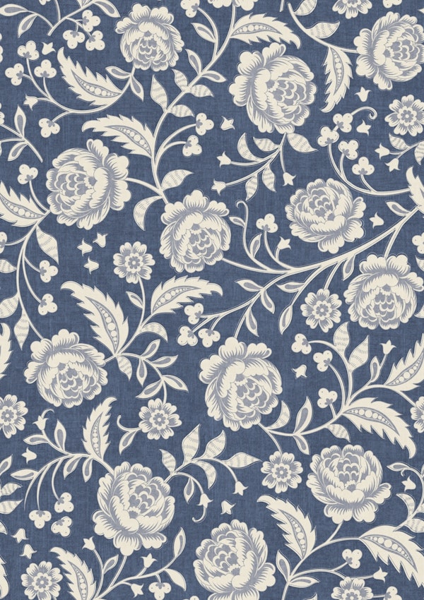 Romantic Rococo Ornate Chintz Floral Mid Blue