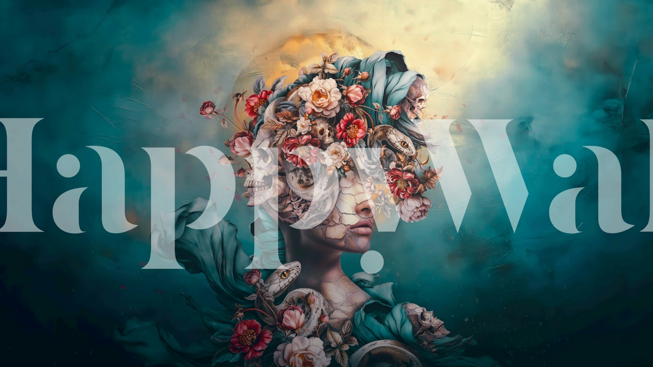 Floral and skull patterns with teal and dark tones wallpaper