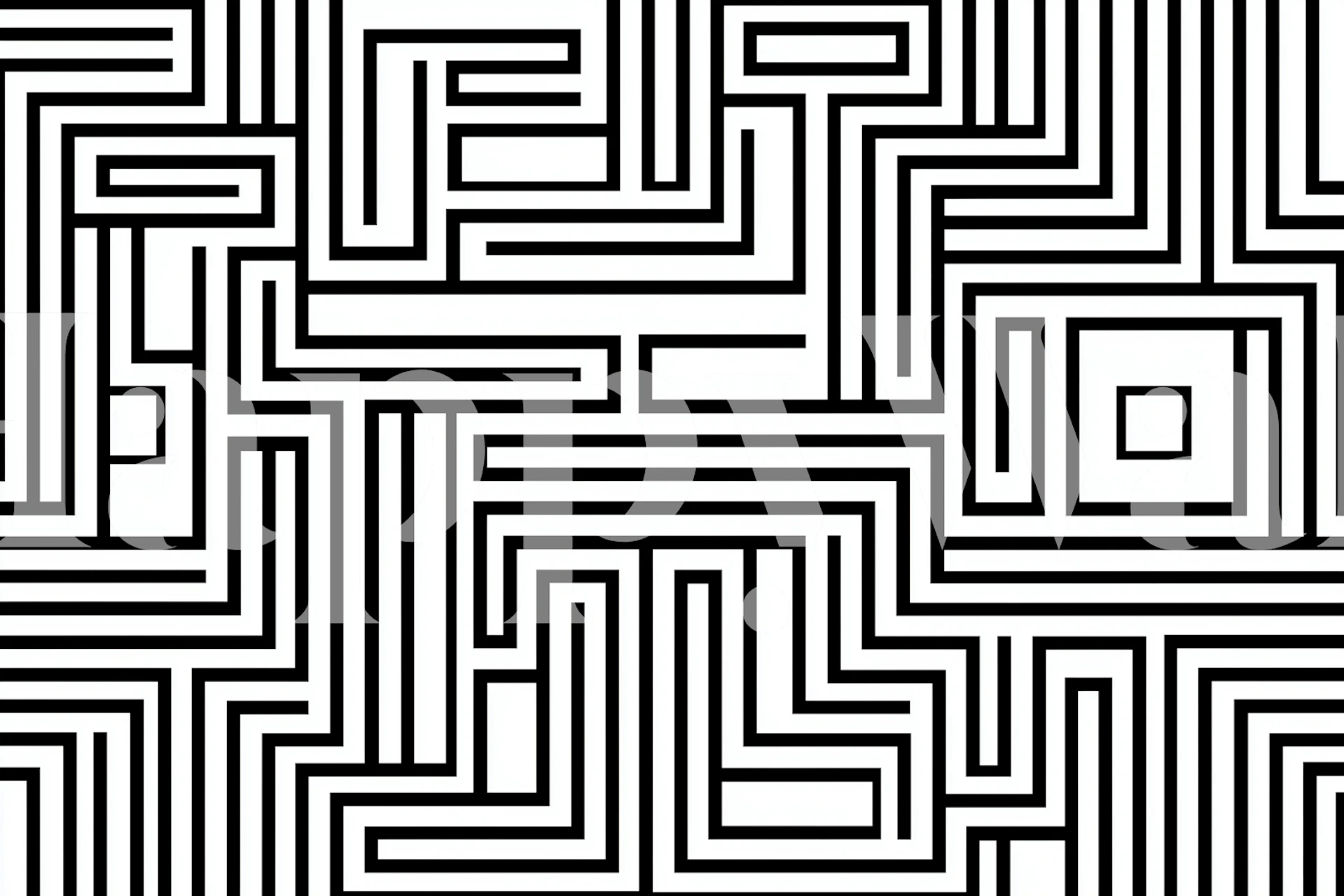 Black and white geometric pattern wallpaper featuring maze-like lines.