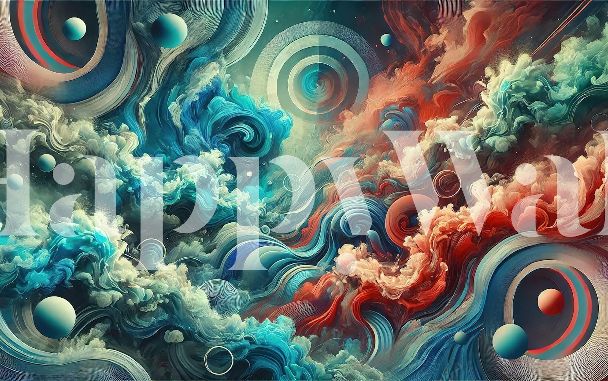 Colorful abstract swirls in red, blue, and cream wallpaper