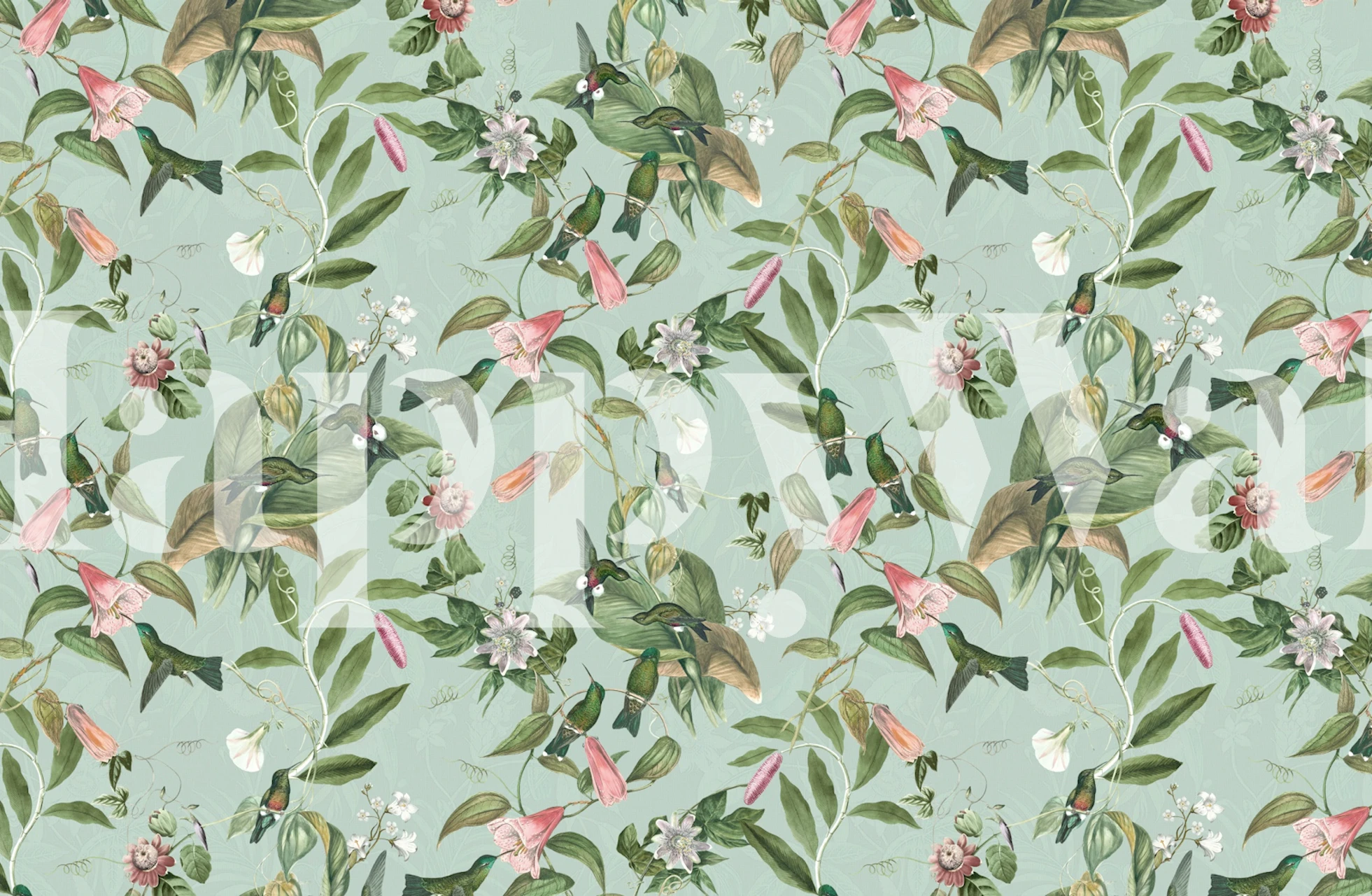 Passiflora garden and Hummingbirds behang in een kamer