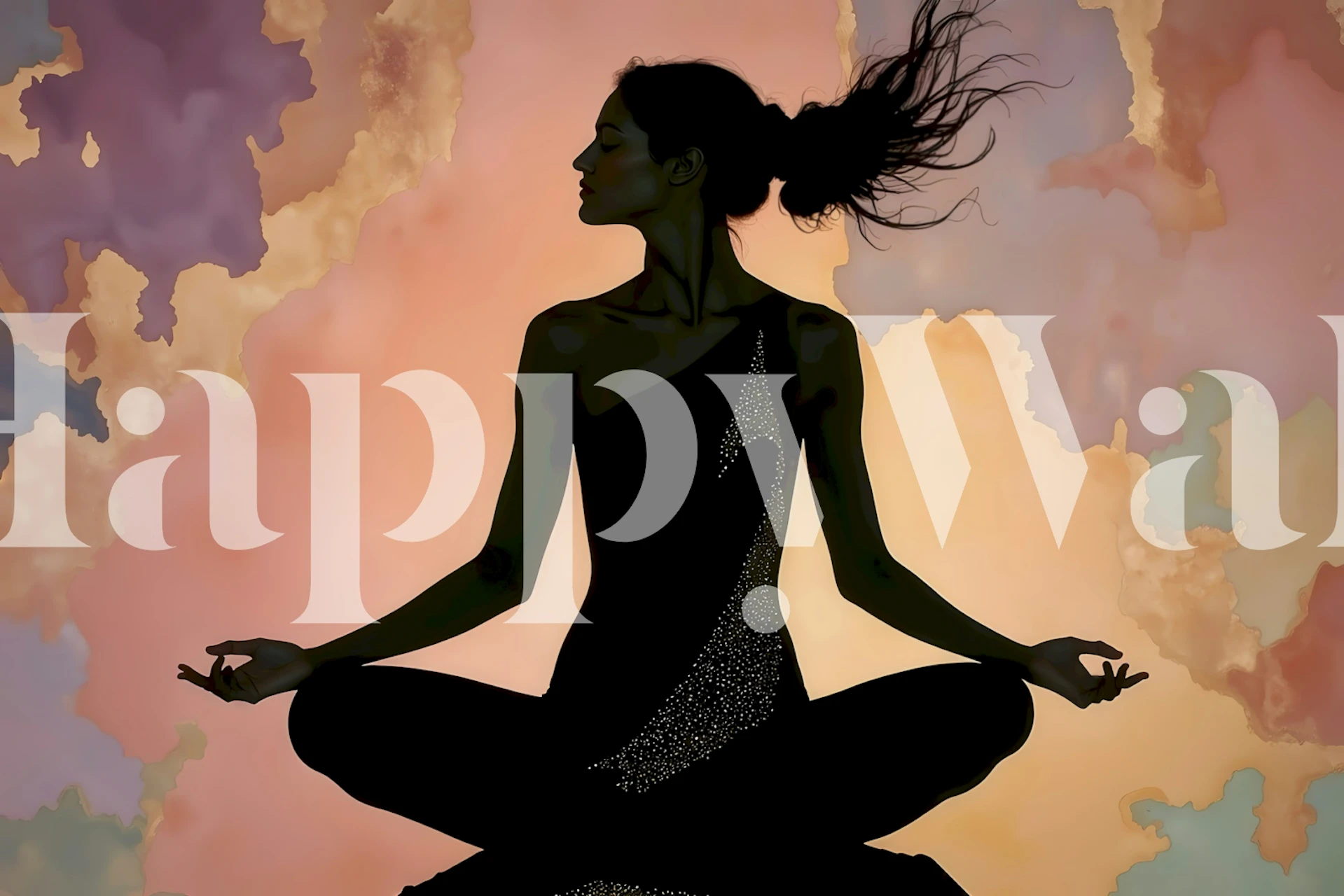Silhouette of a meditating woman against a colorful abstract sunrise wallpaper