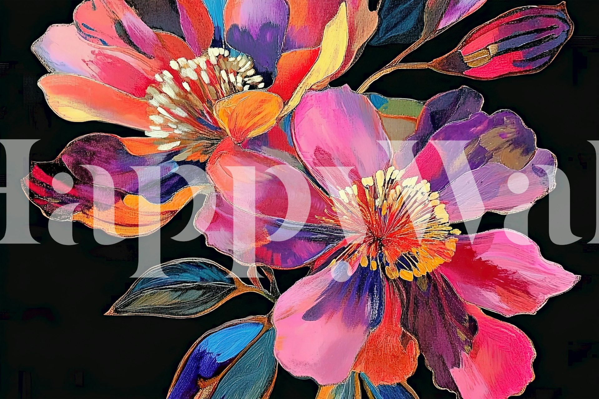 Bold pink and purple flower design on black wallpaper