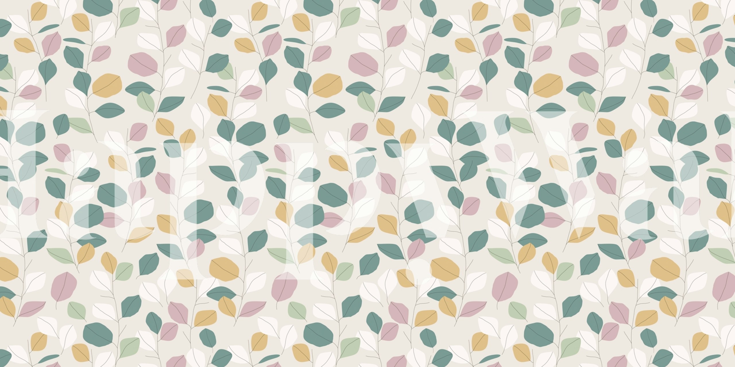 Pastel leafy foliage in green, pink, and yellow on a cream background wallpaper