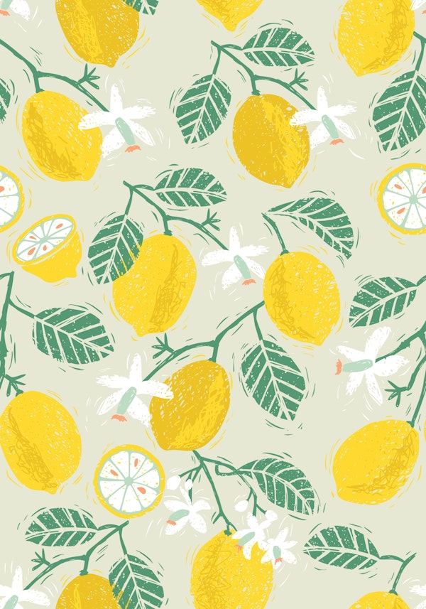Flowering lemon tree twigs Block print green