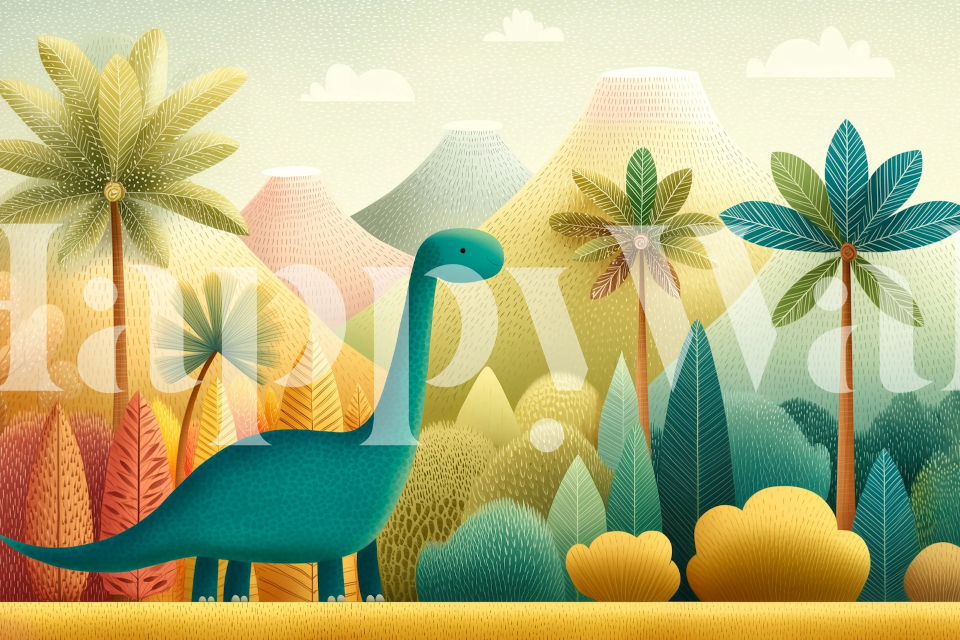 Colorful dinosaur in a jungle setting with palm trees and mountains wallpaper