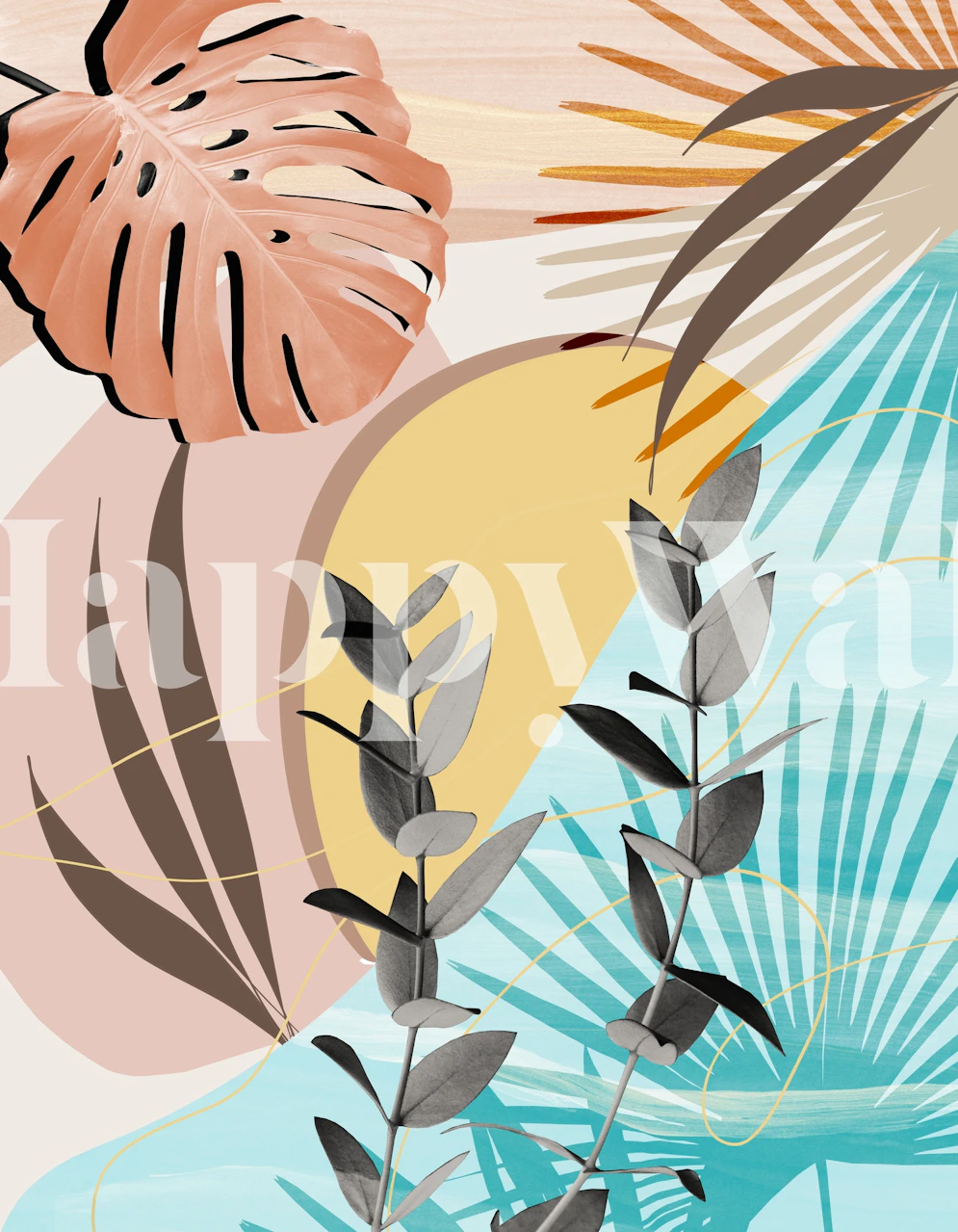 Eucalyptus Tropical Summer Wall Mural with Pastel Abstract Shapes