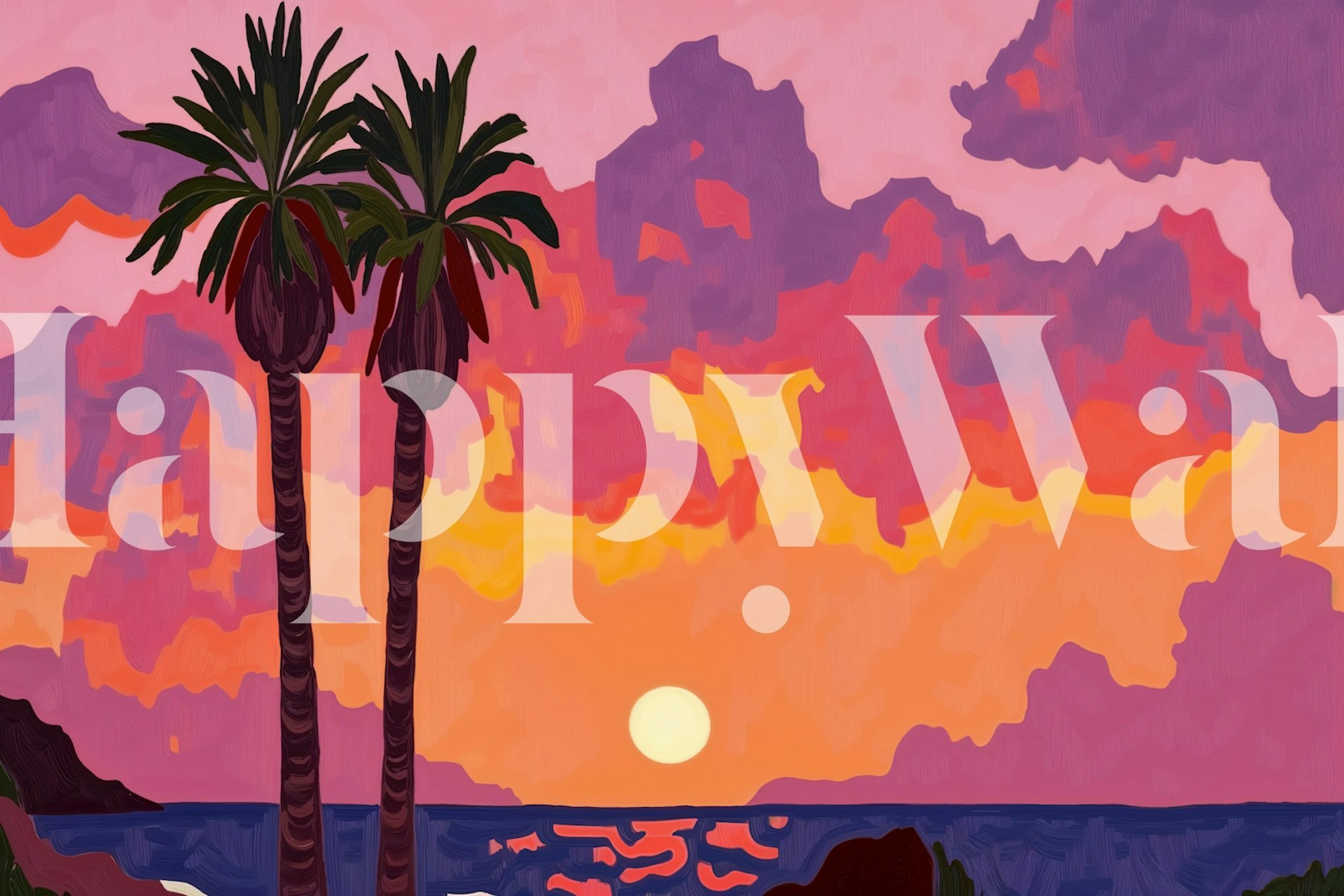 Sunset over ocean with palm trees and colorful clouds wallpaper