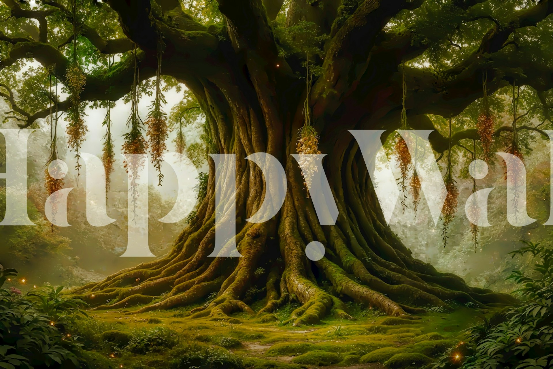 Majestic tree with thick roots and hanging flowers in green tones wallpaper