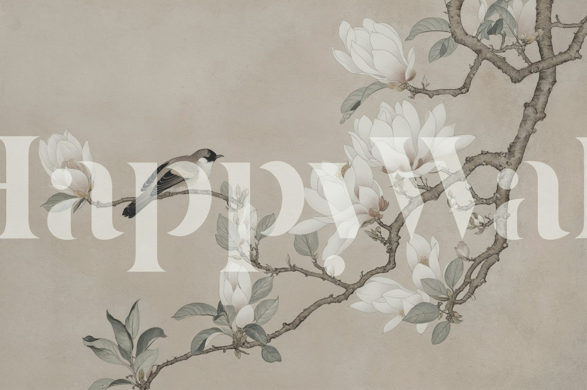 Magnolia flowers and a bird on branches, soft colors wallpaper