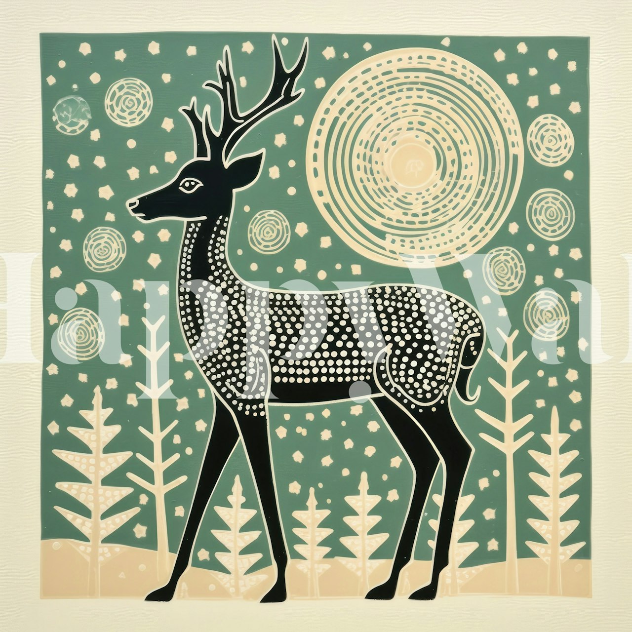 Black and white folk art deer against teal background wallpaper