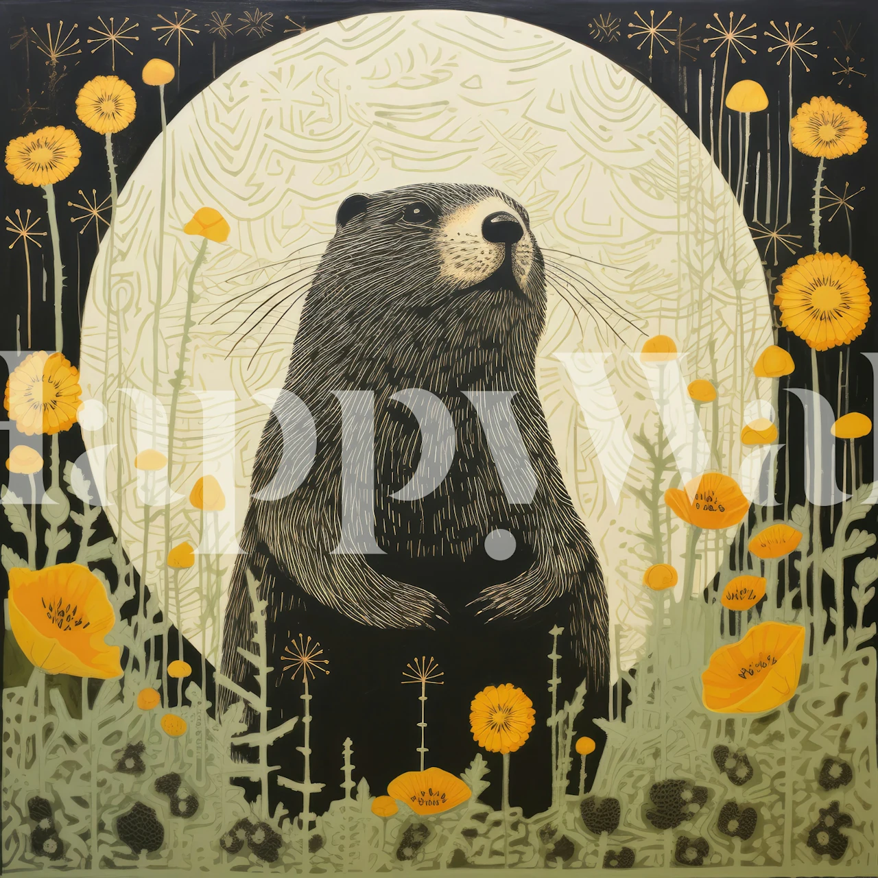 Folk Art Groundhog carta da parati in una stanza