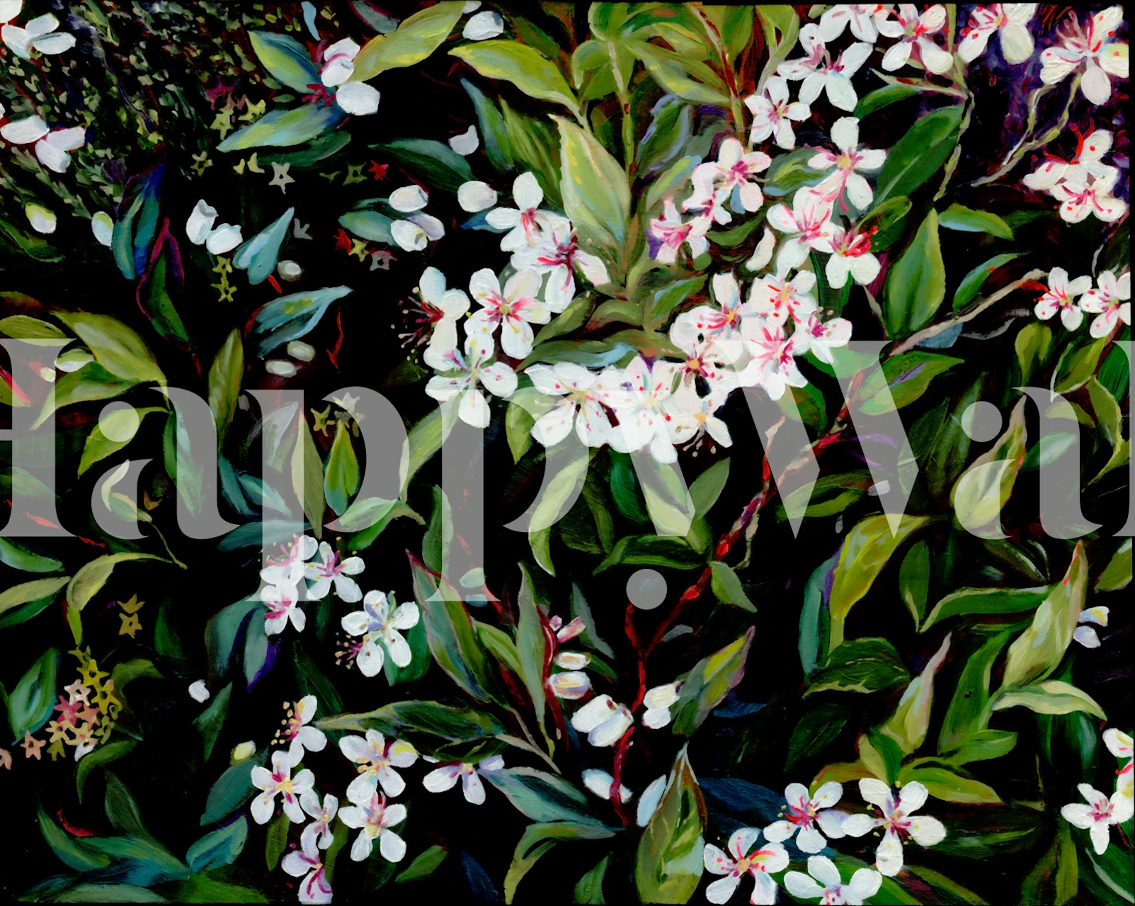 Painterly blossoms with white flowers and green leaves on a black background wallpaper