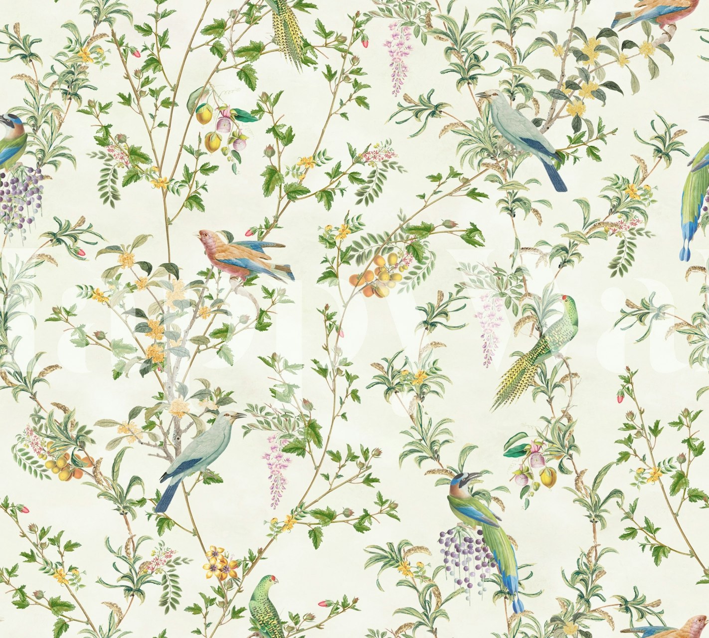Floral vines and birds in colorful design on cream wallpaper