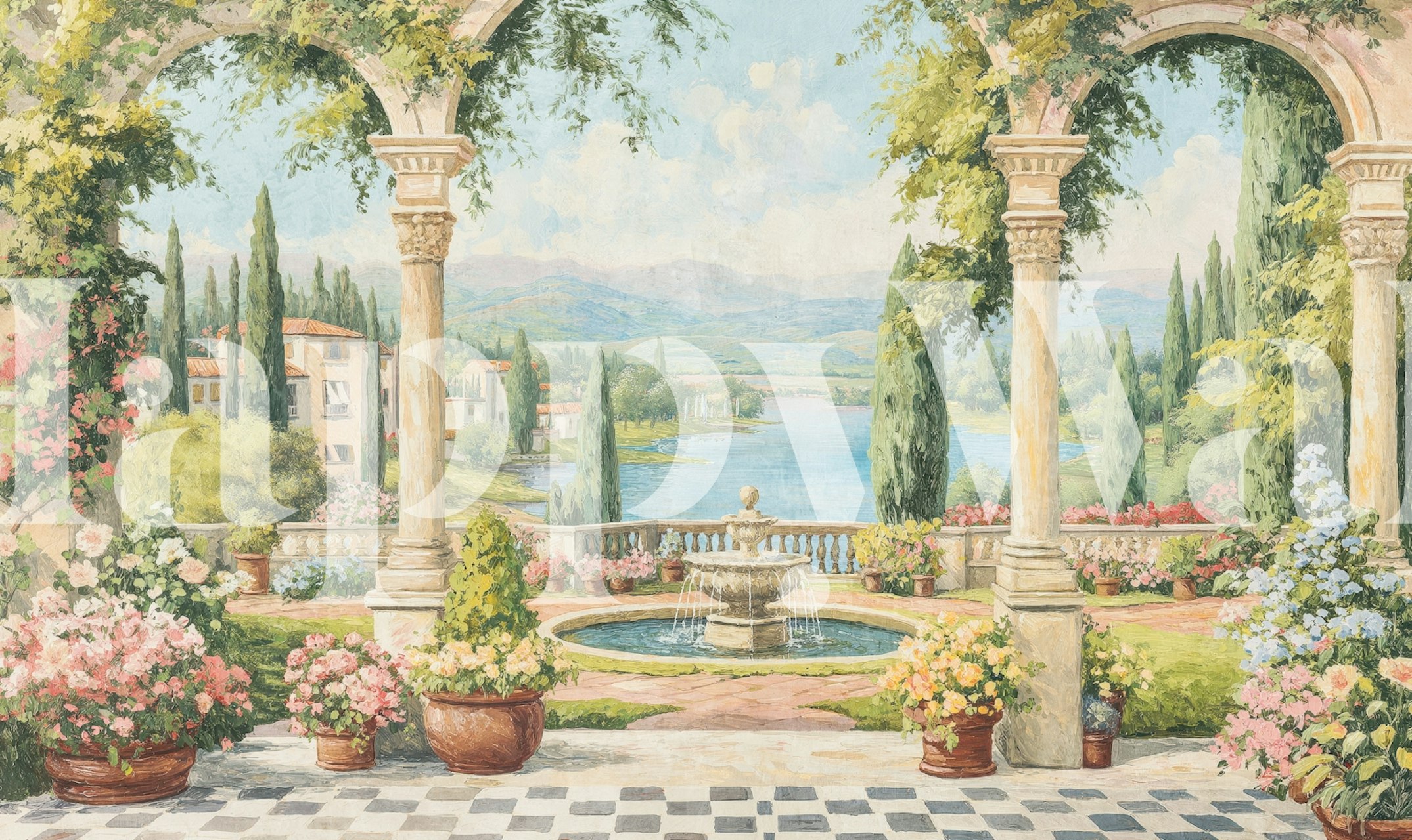 Italian garden painting wallpaper in a room